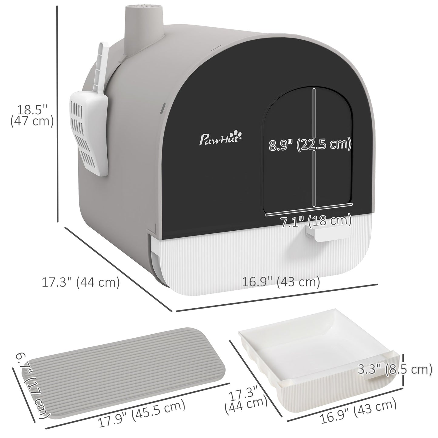 Large Cat Litter Box with Lid, Enclosed Kitty Litter Box with Slide-out Tray, Scoop, Filter, Light Grey