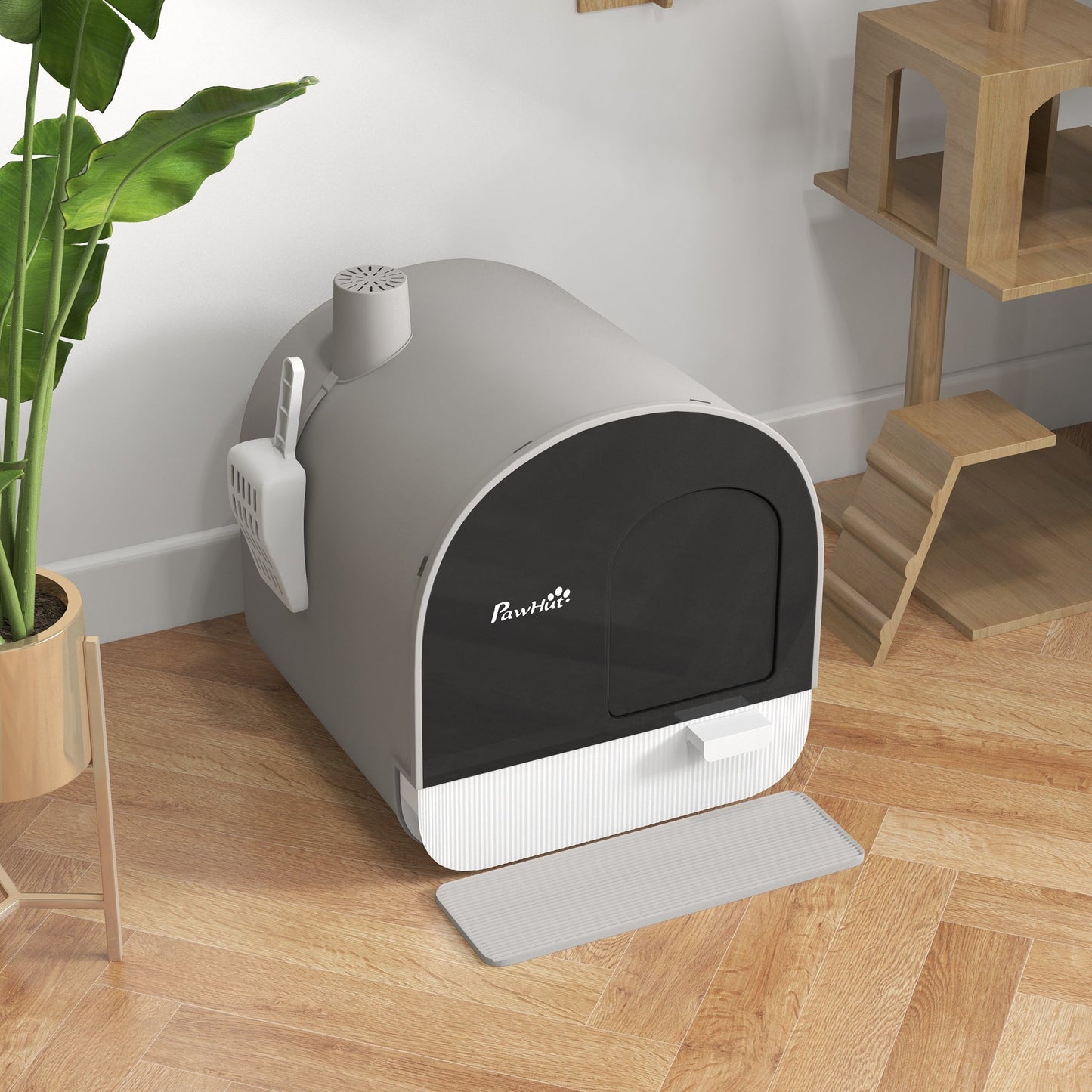 Large Cat Litter Box with Lid, Enclosed Kitty Litter Box with Slide-out Tray, Scoop, Filter, Light Grey