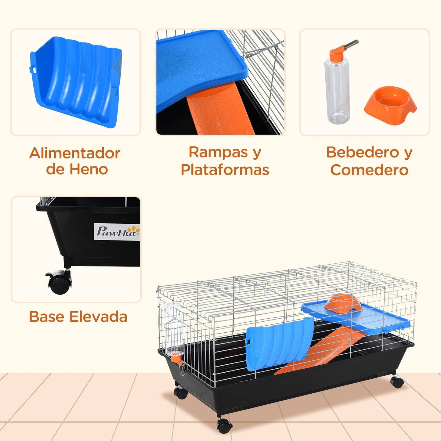 35" Small Animal Cage, Rolling Bunny Cage, Guinea Pig Cage with Food Dish, Water Bottle, Hay Feeder, Platform, Ramp for Chinchilla, Black