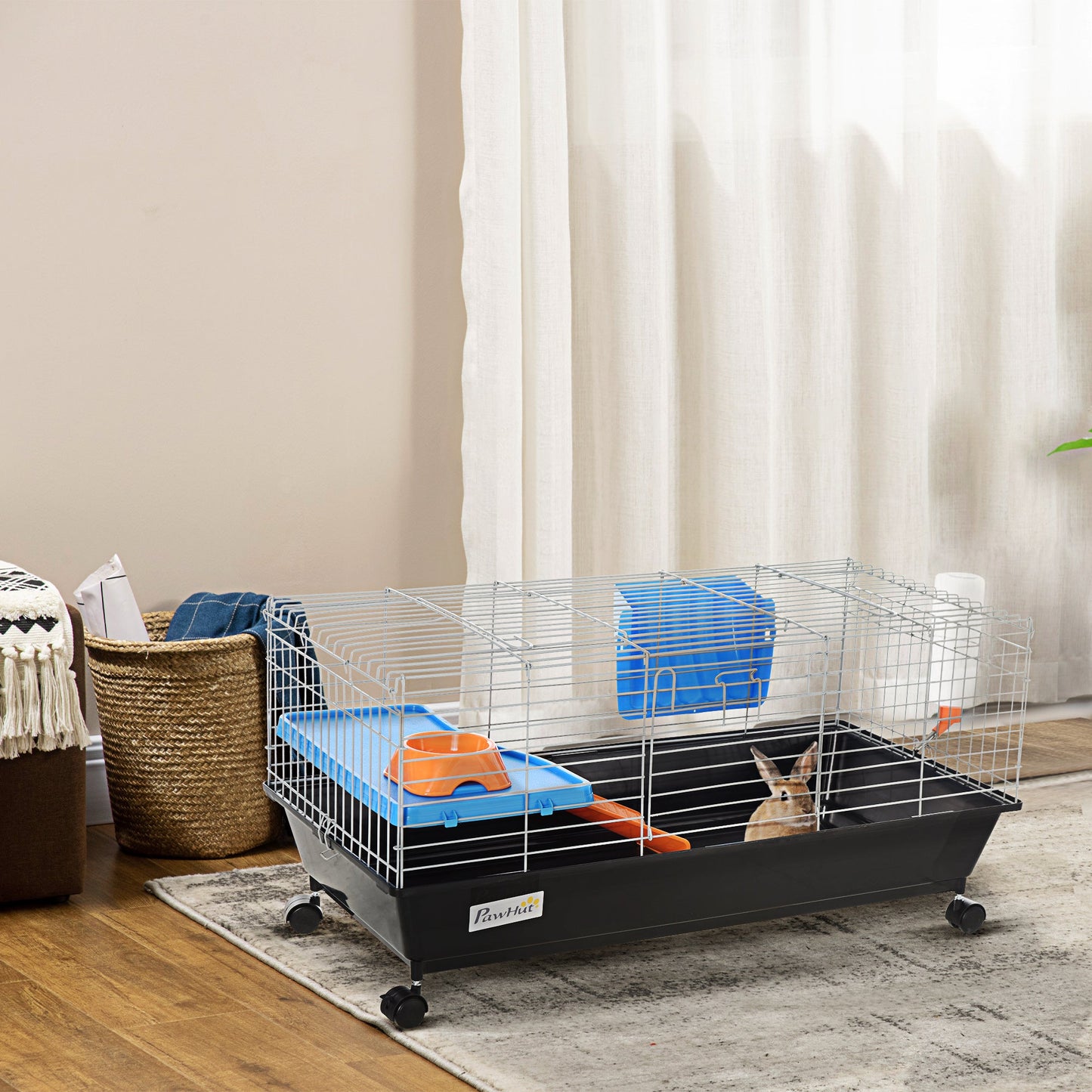 35" Small Animal Cage, Rolling Bunny Cage, Guinea Pig Cage with Food Dish, Water Bottle, Hay Feeder, Platform, Ramp for Chinchilla, Black