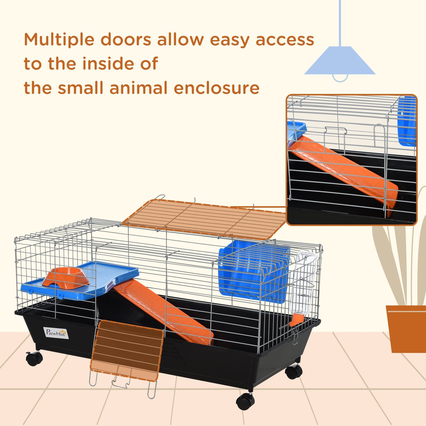 35" Small Animal Cage, Rolling Bunny Cage, Guinea Pig Cage with Food Dish, Water Bottle, Hay Feeder, Platform, Ramp for Chinchilla, Black