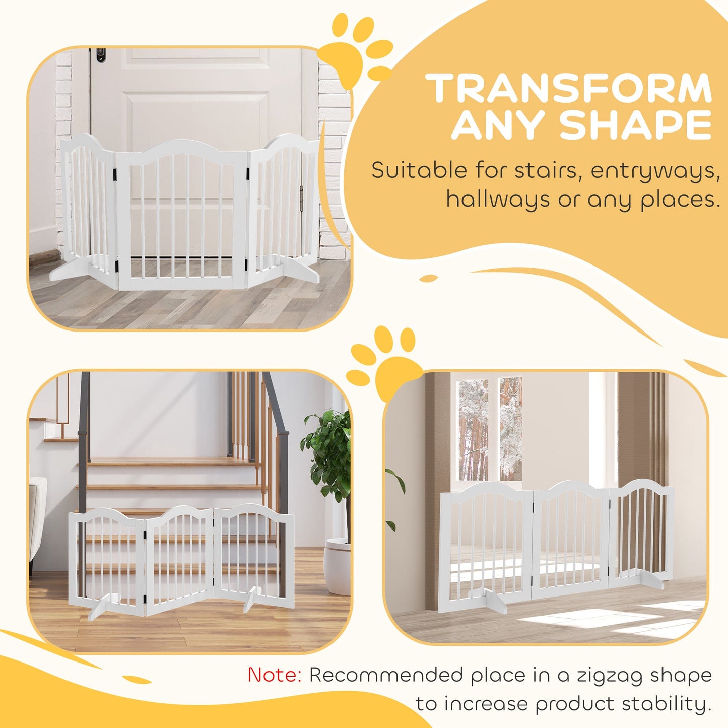 24"H Foldable Dog Gate, 3 Panels Freestanding Pet Gate Barriers Indoor with Support Feet, Puppy Fence for Small Dogs, White