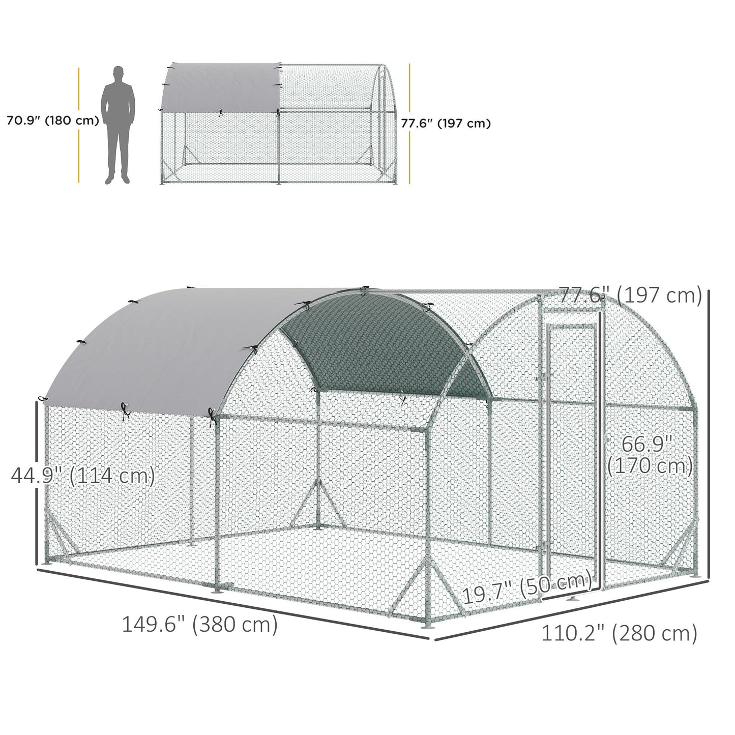 Galvanized Large Metal Chicken Coop Cage Walk-in Enclosure Poultry Hen Run House Playpen Rabbit Hutch with Cover for Outdoor Backyard 9.2' x 12.5' x 6.5' Silver