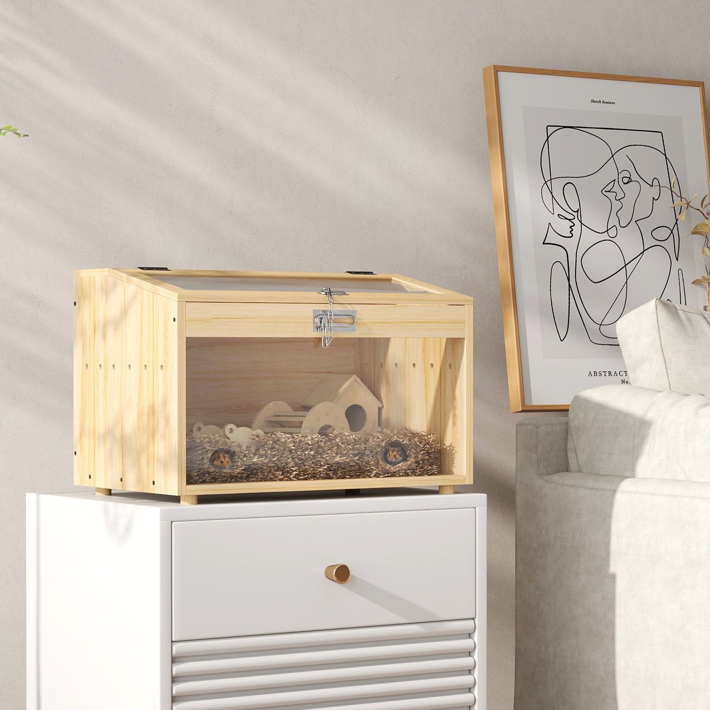 22"L Hamster Cage, Small Animal Cage with Openable Top & Transparent Acrylic Windows, Hamster Enclosure with Hut, Seesaw, Ladder, for Dwarf Hamster, Gerbil, Natural Wood