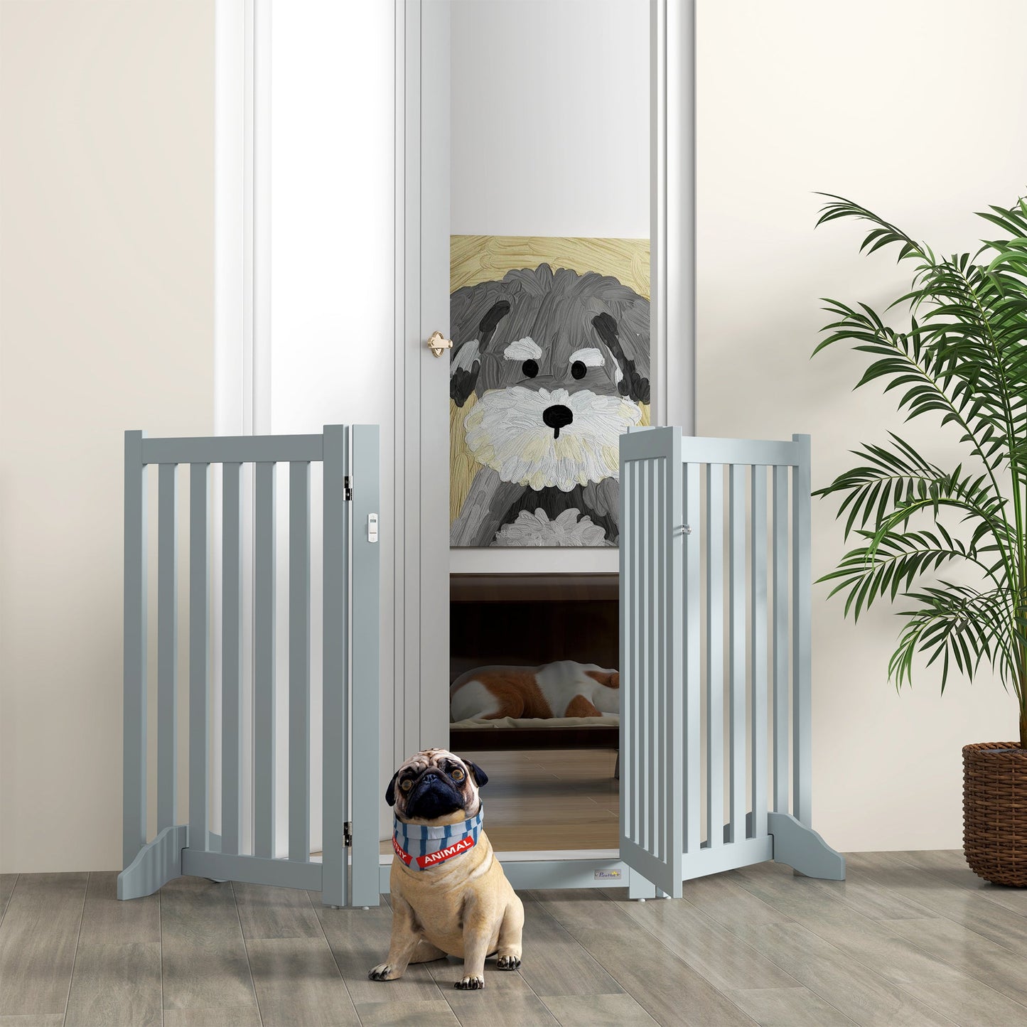 31.5"H Foldable Dog Gate with Door, 3 Panels Freestanding Pet Gate Barriers Indoor with Support Feet, Puppy Fence for Small Medium Dogs, Grey
