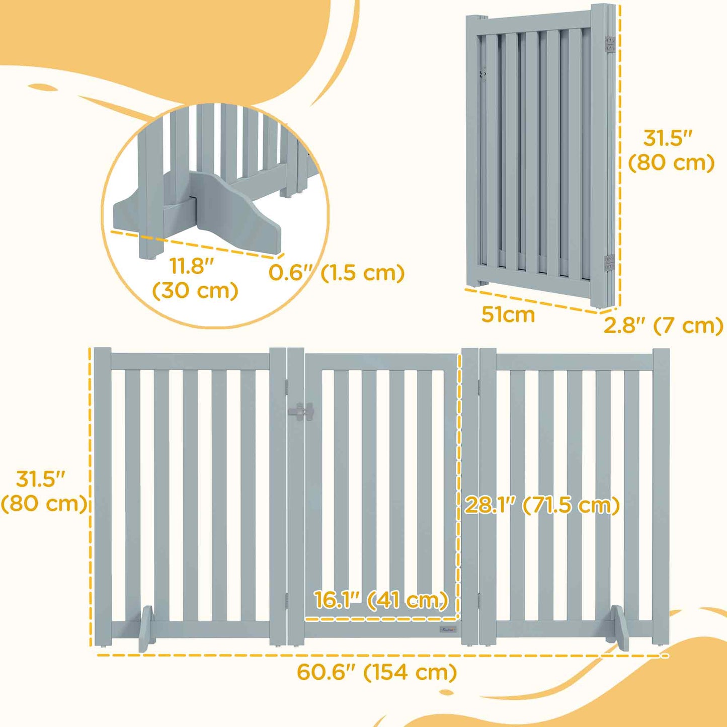 31.5"H Foldable Dog Gate with Door, 3 Panels Freestanding Pet Gate Barriers Indoor with Support Feet, Puppy Fence for Small Medium Dogs, Grey