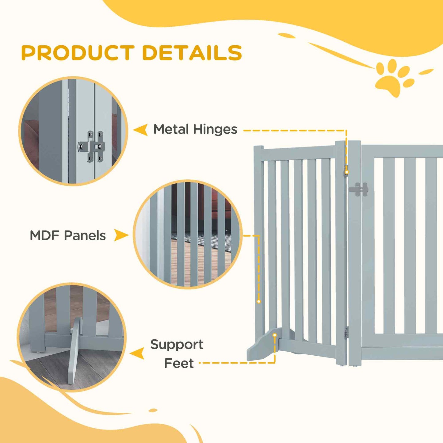 31.5"H Foldable Dog Gate with Door, 3 Panels Freestanding Pet Gate Barriers Indoor with Support Feet, Puppy Fence for Small Medium Dogs, Grey