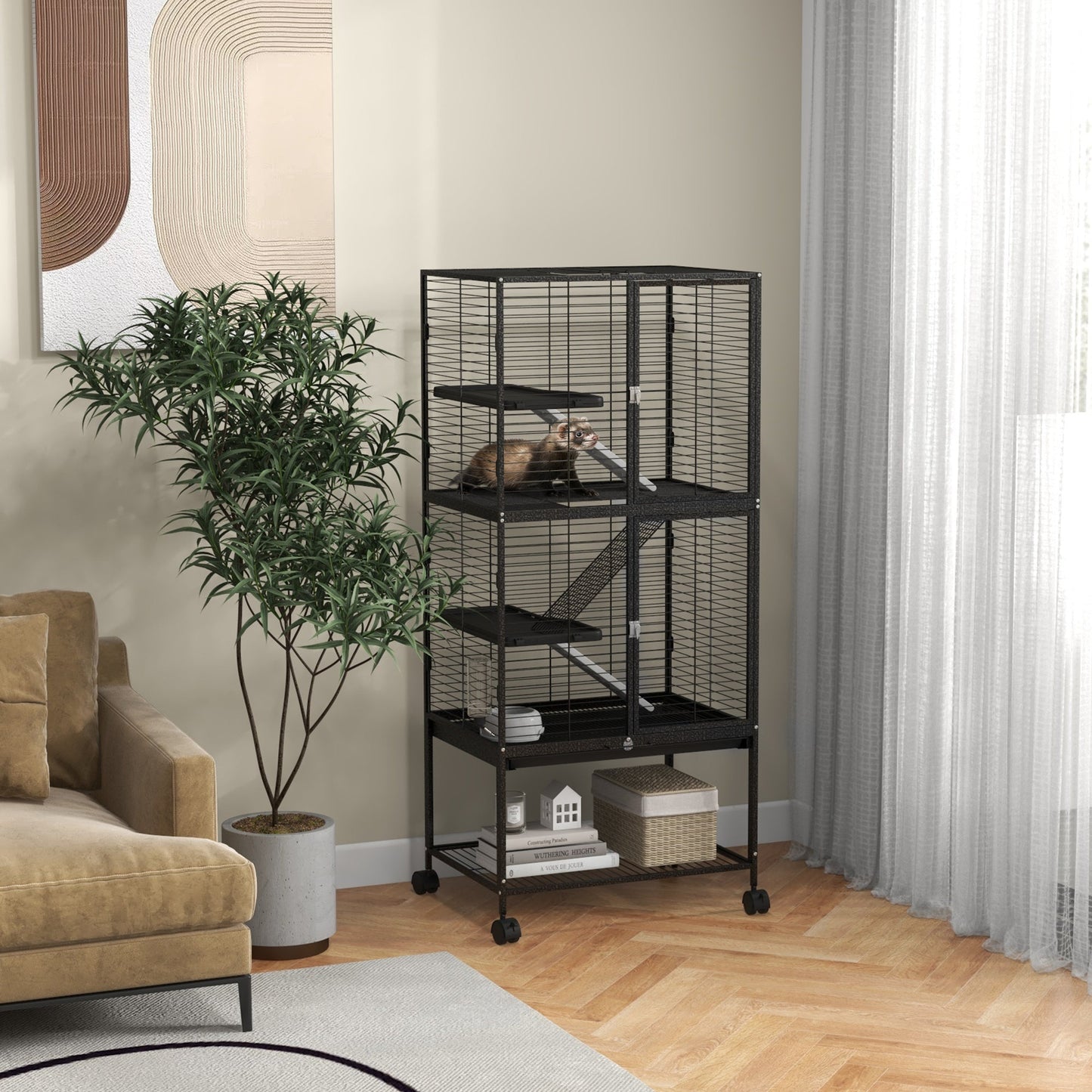Small Animal Cage with Wheels, Pet Playpen for Rat, Kitten, Ferrets, Chinchillas with Bottom Storage Shelf, Removable Tray, Ramp, 24.2" x 17.9" x 53.5", Dark Grey