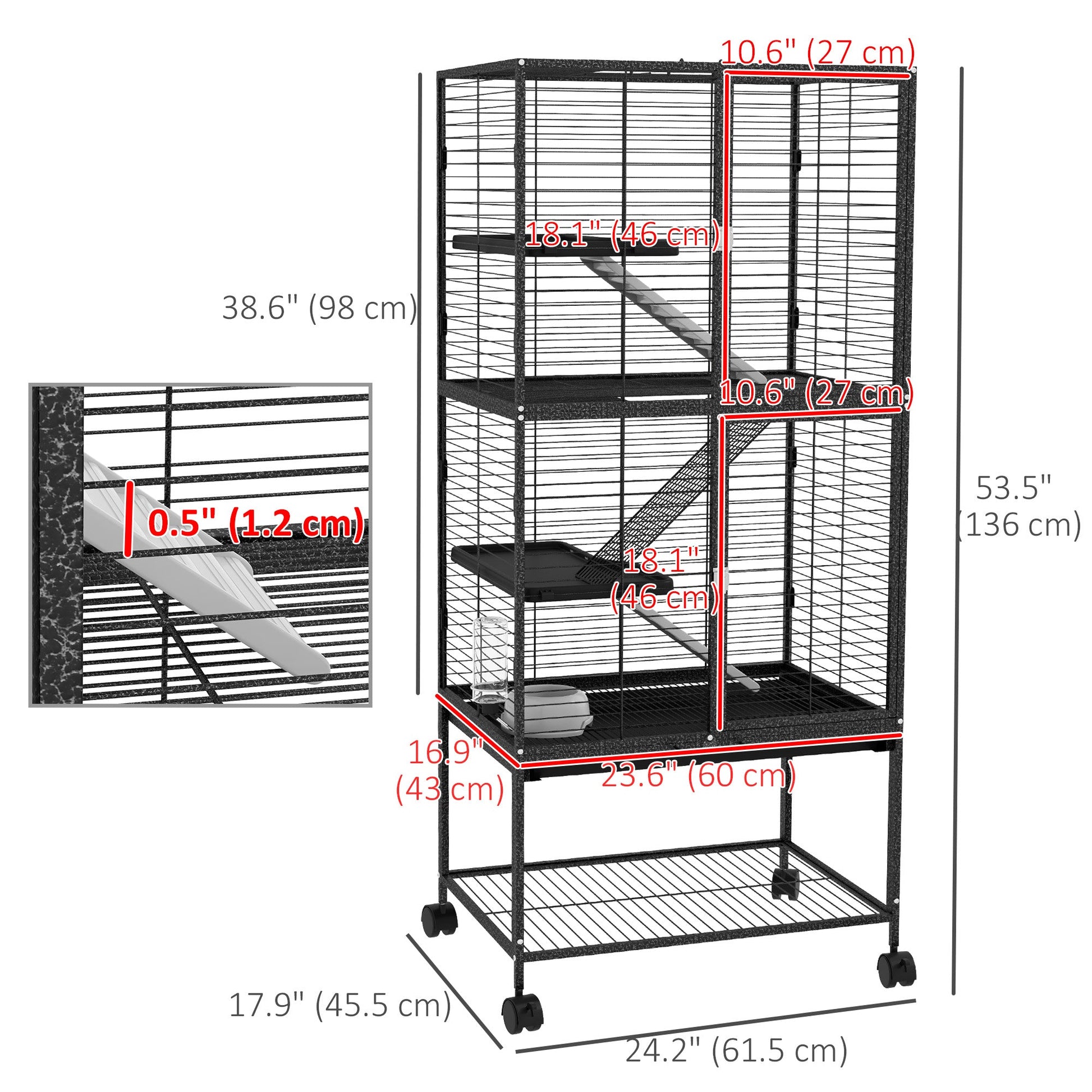 Small Animal Cage with Wheels, Pet Playpen for Rat, Kitten, Ferrets, Chinchillas with Bottom Storage Shelf, Removable Tray, Ramp, 24.2" x 17.9" x 53.5", Dark Grey
