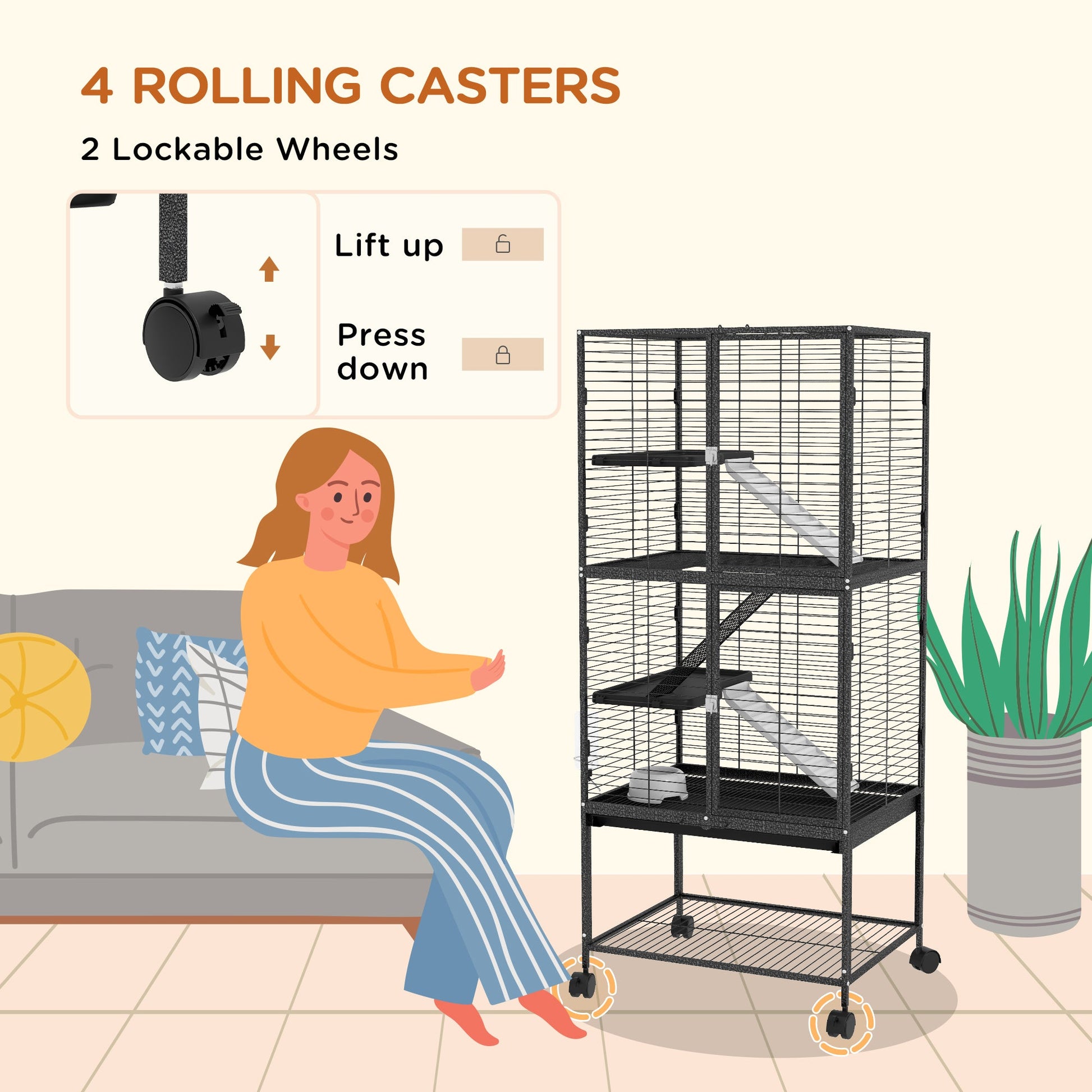 Small Animal Cage with Wheels, Pet Playpen for Rat, Kitten, Ferrets, Chinchillas with Bottom Storage Shelf, Removable Tray, Ramp, 24.2" x 17.9" x 53.5", Dark Grey