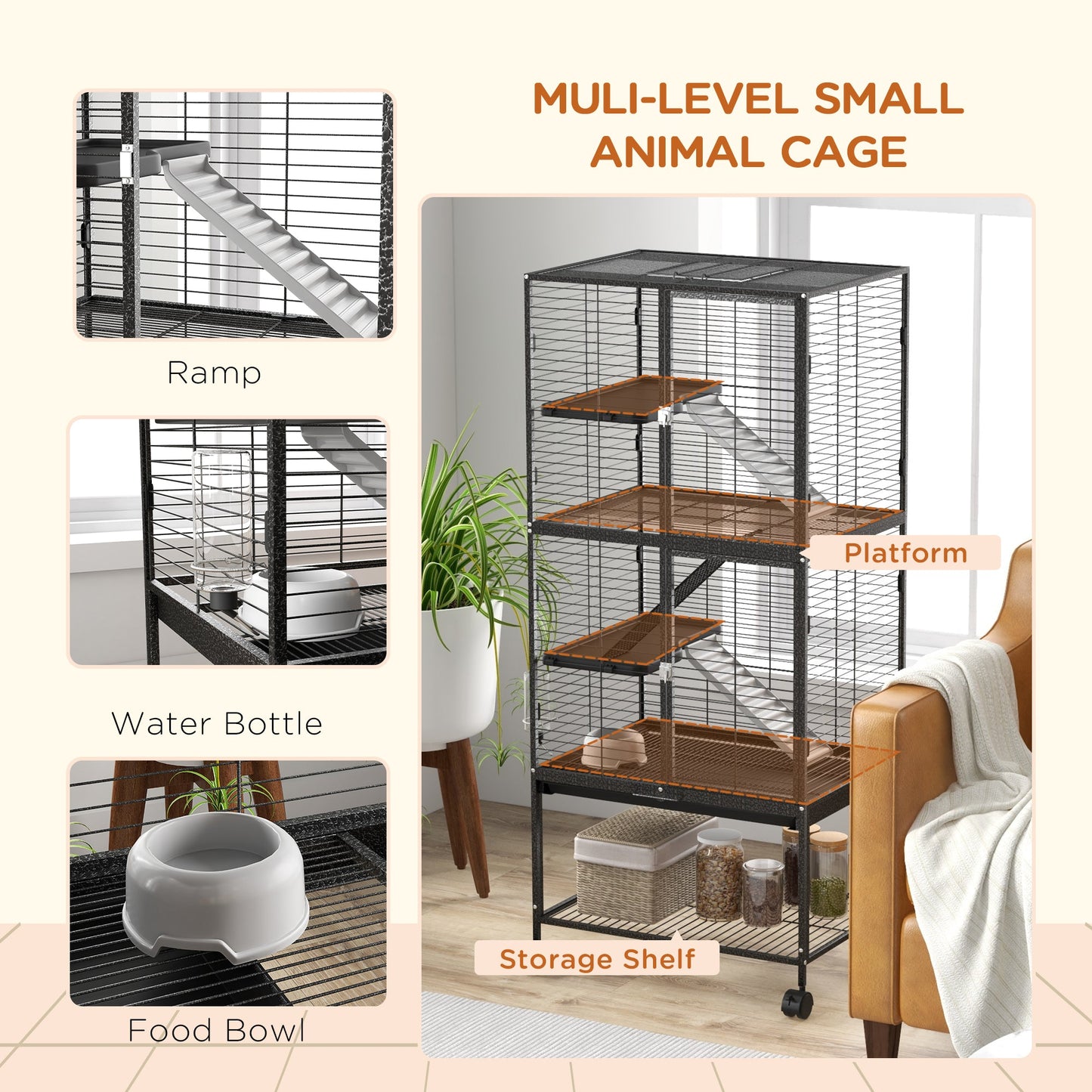 Small Animal Cage with Wheels, Pet Playpen for Rat, Kitten, Ferrets, Chinchillas with Bottom Storage Shelf, Removable Tray, Ramp, 24.2" x 17.9" x 53.5", Dark Grey