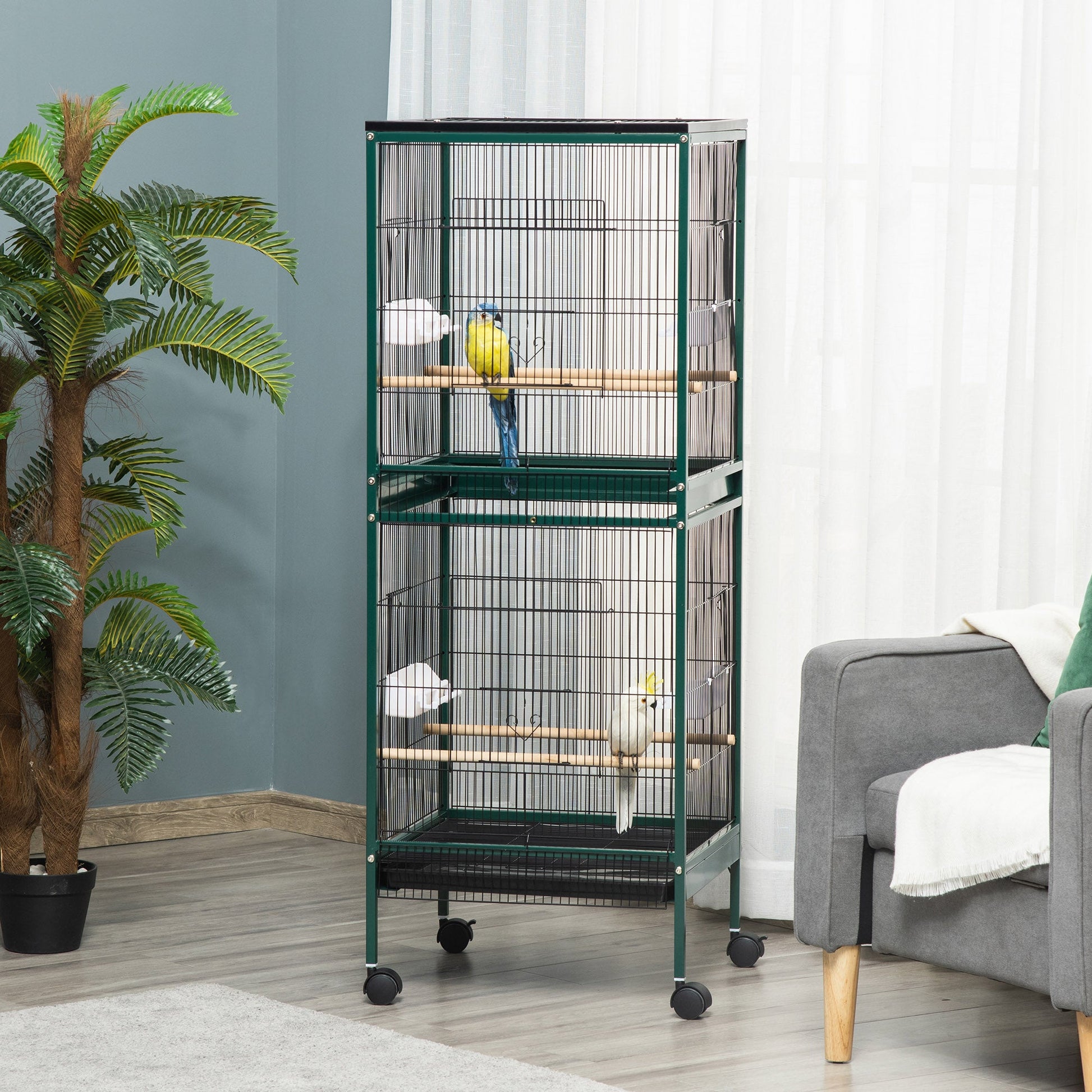 55.1" 2 In 1 Bird Cage Aviary Parakeet House for finches, budgies with Wheels, Slide-out Trays, Wood Perch, Food Containers, Green