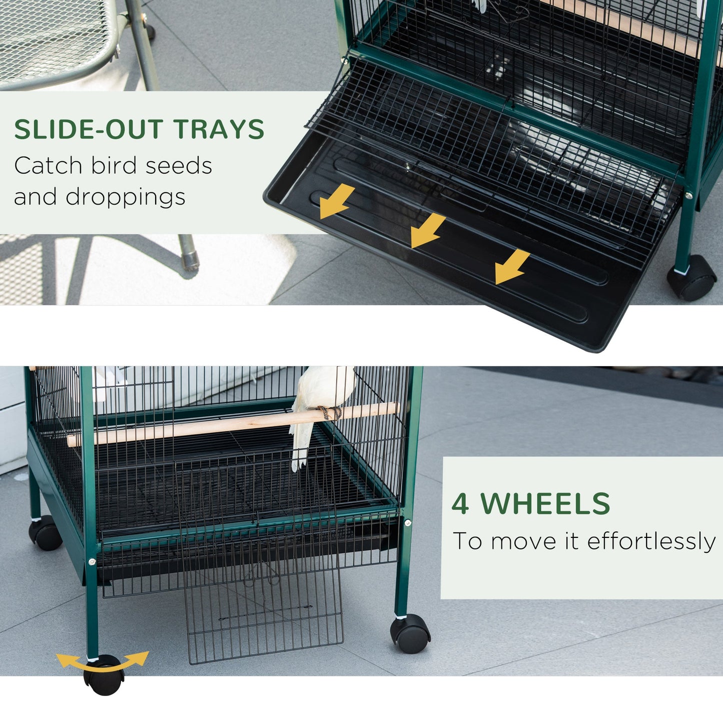 55.1" 2 In 1 Bird Cage Aviary Parakeet House for finches, budgies with Wheels, Slide-out Trays, Wood Perch, Food Containers, Green