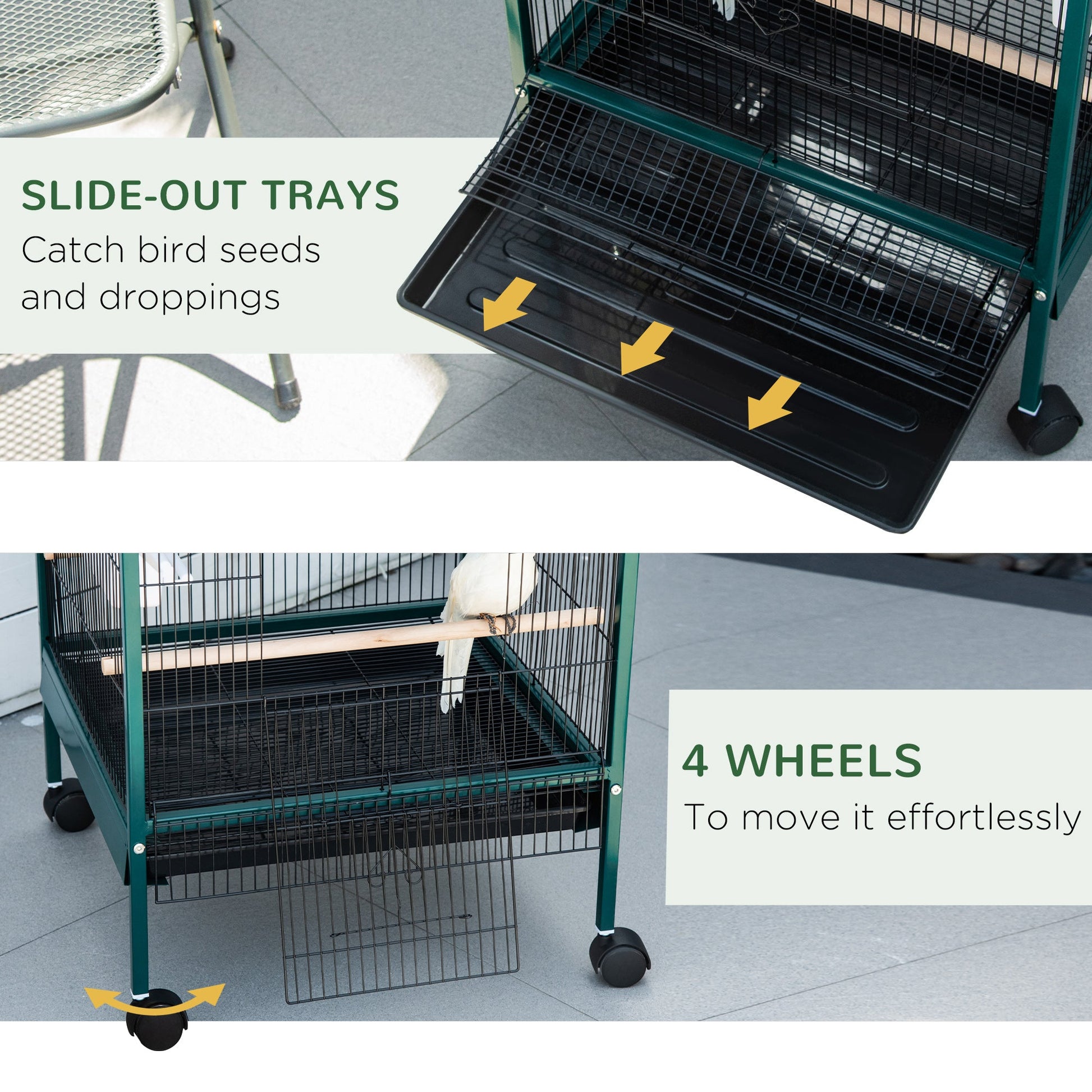 55.1" 2 In 1 Bird Cage Aviary Parakeet House for finches, budgies with Wheels, Slide-out Trays, Wood Perch, Food Containers, Green