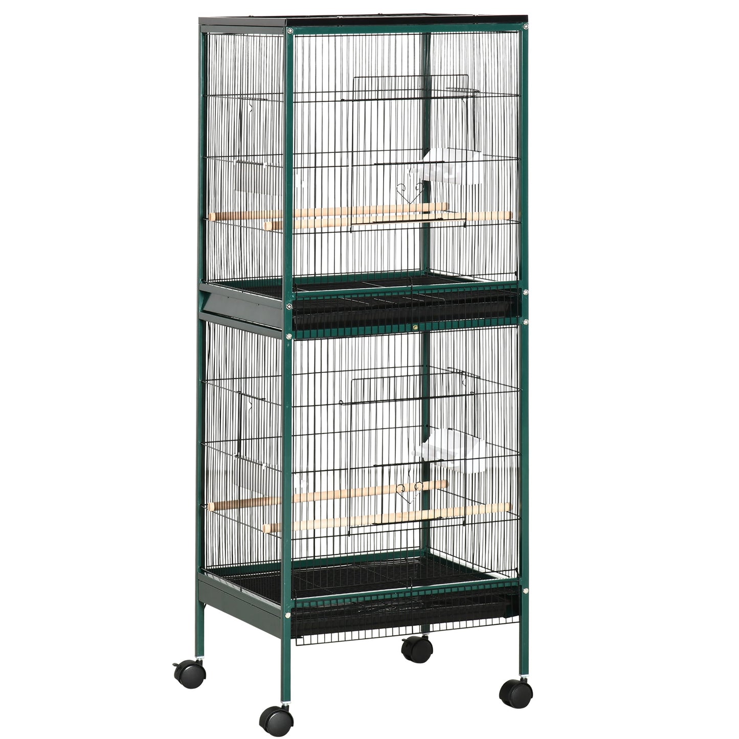 55.1" 2 In 1 Bird Cage Aviary Parakeet House for finches, budgies with Wheels, Slide-out Trays, Wood Perch, Food Containers, Green