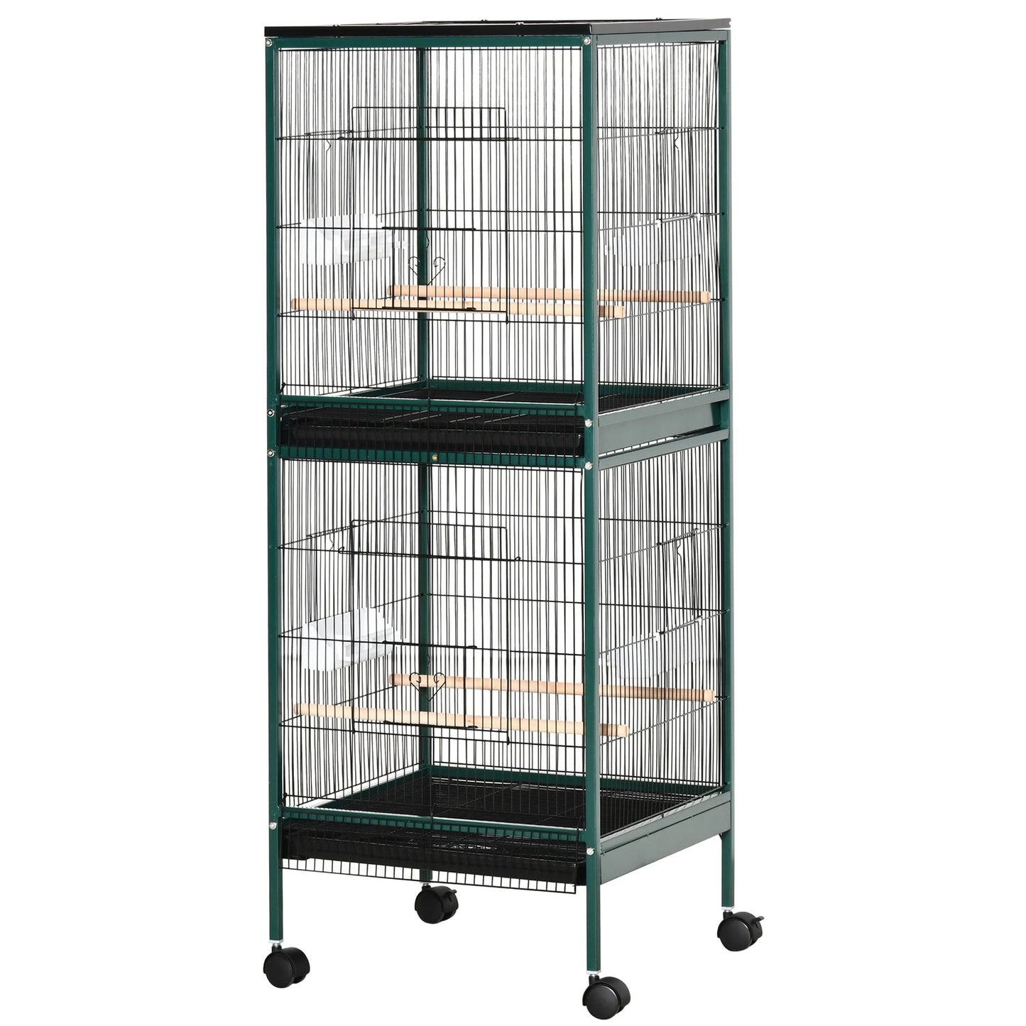 55.1" 2 In 1 Bird Cage Aviary Parakeet House for finches, budgies with Wheels, Slide-out Trays, Wood Perch, Food Containers, Green
