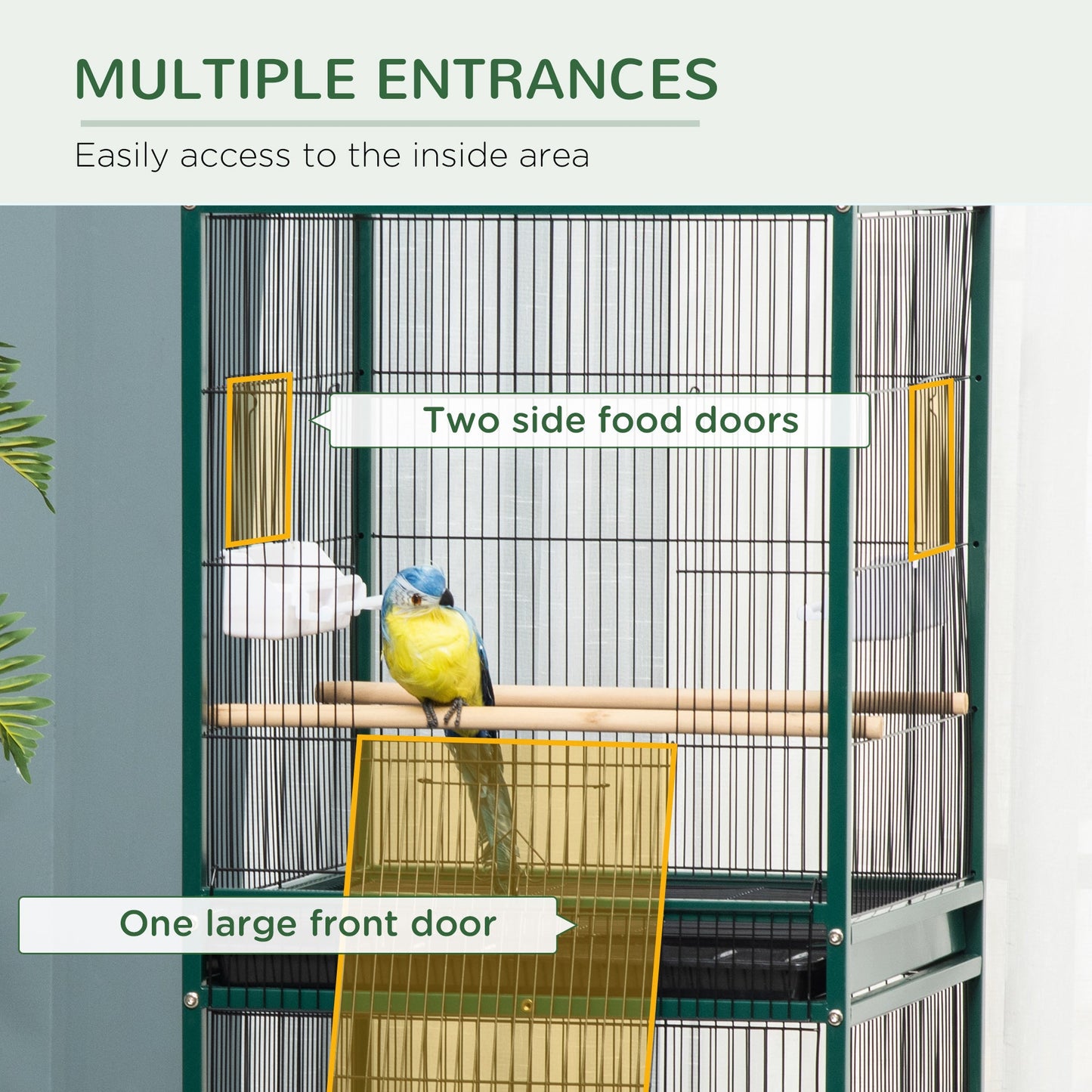55.1" 2 In 1 Bird Cage Aviary Parakeet House for finches, budgies with Wheels, Slide-out Trays, Wood Perch, Food Containers, Green