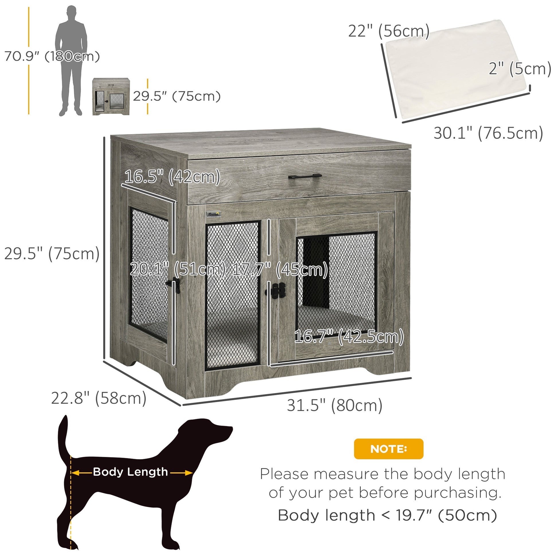 32in Dog Crate Furniture with Cushion, Indoor Pet Kennel End Table with Storage, 2 Doors, for Small Medium Dogs, Grey