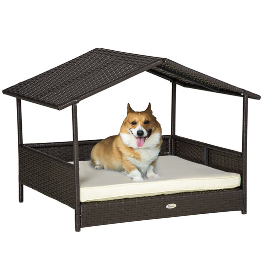 Elevated Rattan Dog House Outdoor with Canopy, Wicker Dog Bed with Water-Resistant Cushion, for Small and Medium Dogs Cream White