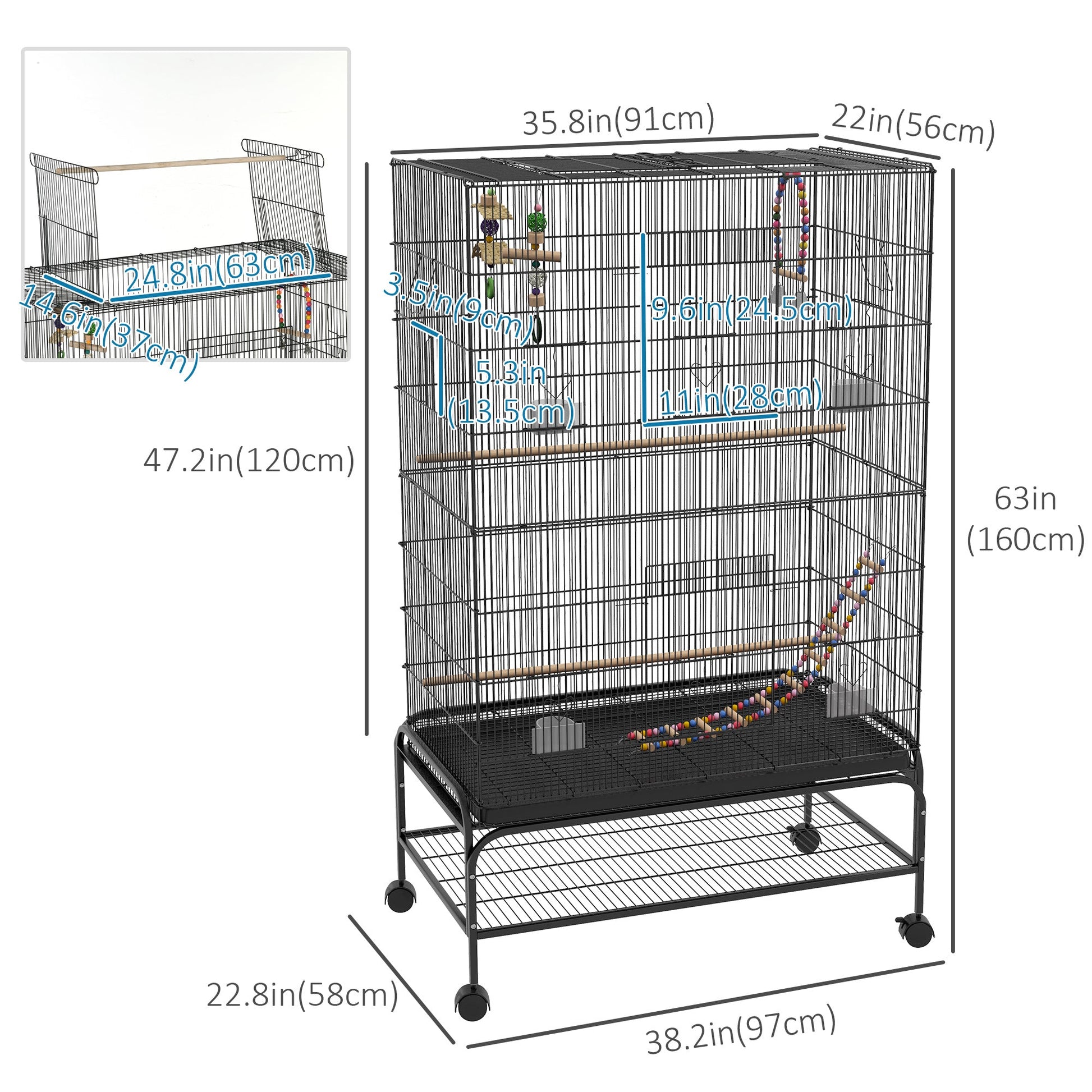 63" Bird Cage for Budgies Cockatiels Canaries Lovebirds Finches with Rolling Stand, Toys, Removable Tray, Storage Shelf, Black