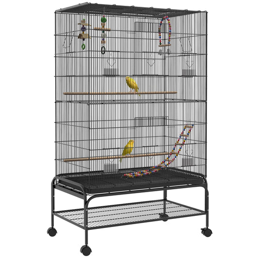 63" Bird Cage for Budgies Cockatiels Canaries Lovebirds Finches with Rolling Stand, Toys, Removable Tray, Storage Shelf, Black