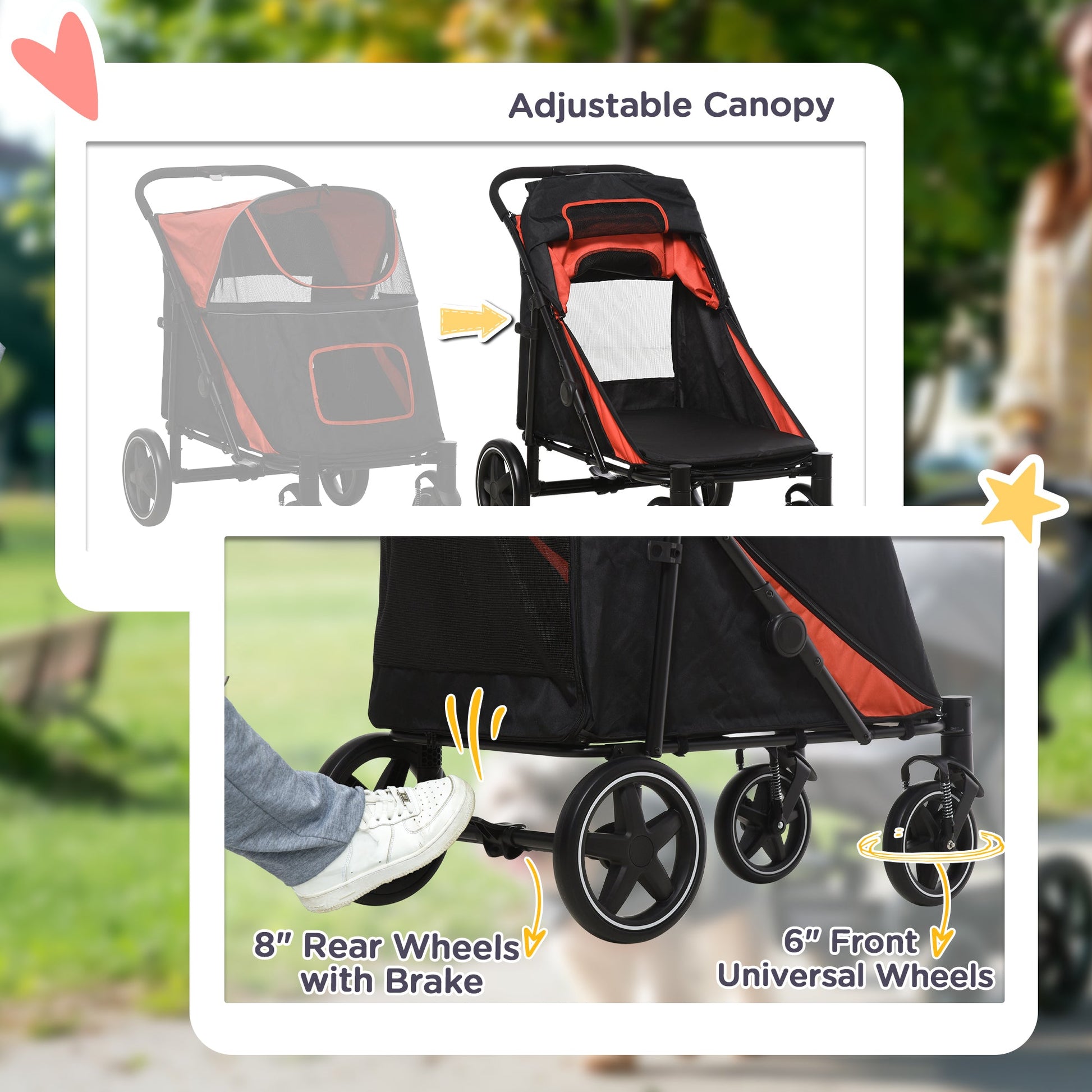 Pet Stroller with Universal Front Wheels, Shock Absorber, One-Click Foldable Dog Cat Carriage with Brakes, Storage Bags, Safety Leash for Large & Medium Dogs, Red