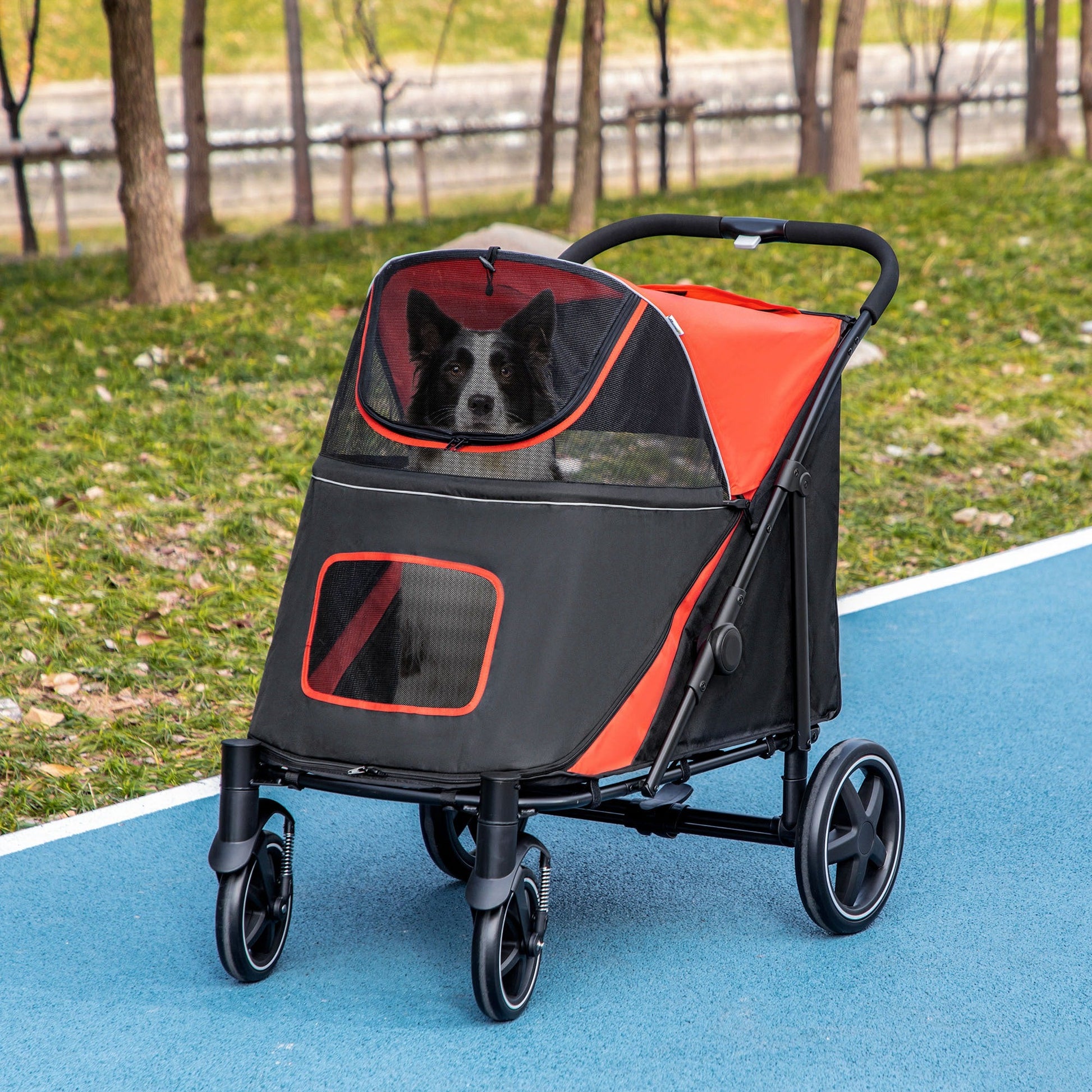 Pet Stroller with Universal Front Wheels, Shock Absorber, One-Click Foldable Dog Cat Carriage with Brakes, Storage Bags, Safety Leash for Large & Medium Dogs, Red