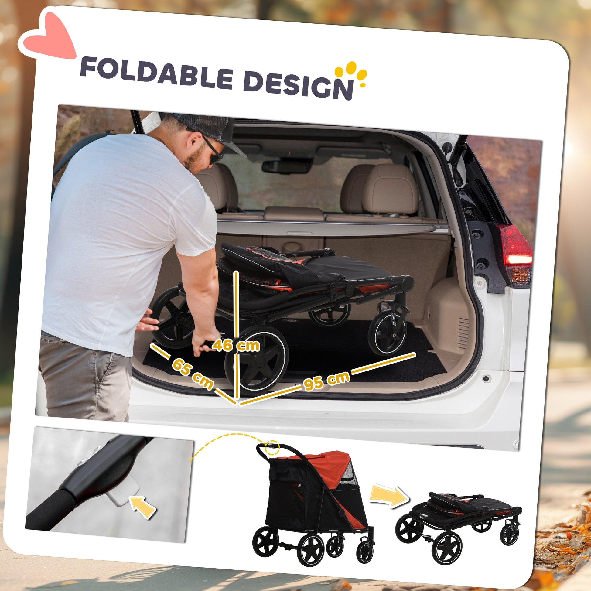 Pet Stroller with Universal Front Wheels, Shock Absorber, One-Click Foldable Dog Cat Carriage with Brakes, Storage Bags, Safety Leash for Large & Medium Dogs, Red