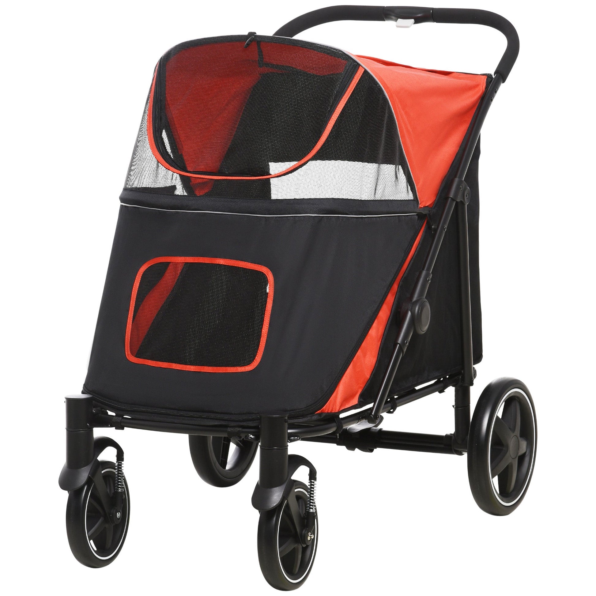 Pet Stroller with Universal Front Wheels, Shock Absorber, One-Click Foldable Dog Cat Carriage with Brakes, Storage Bags, Safety Leash for Large & Medium Dogs, Red