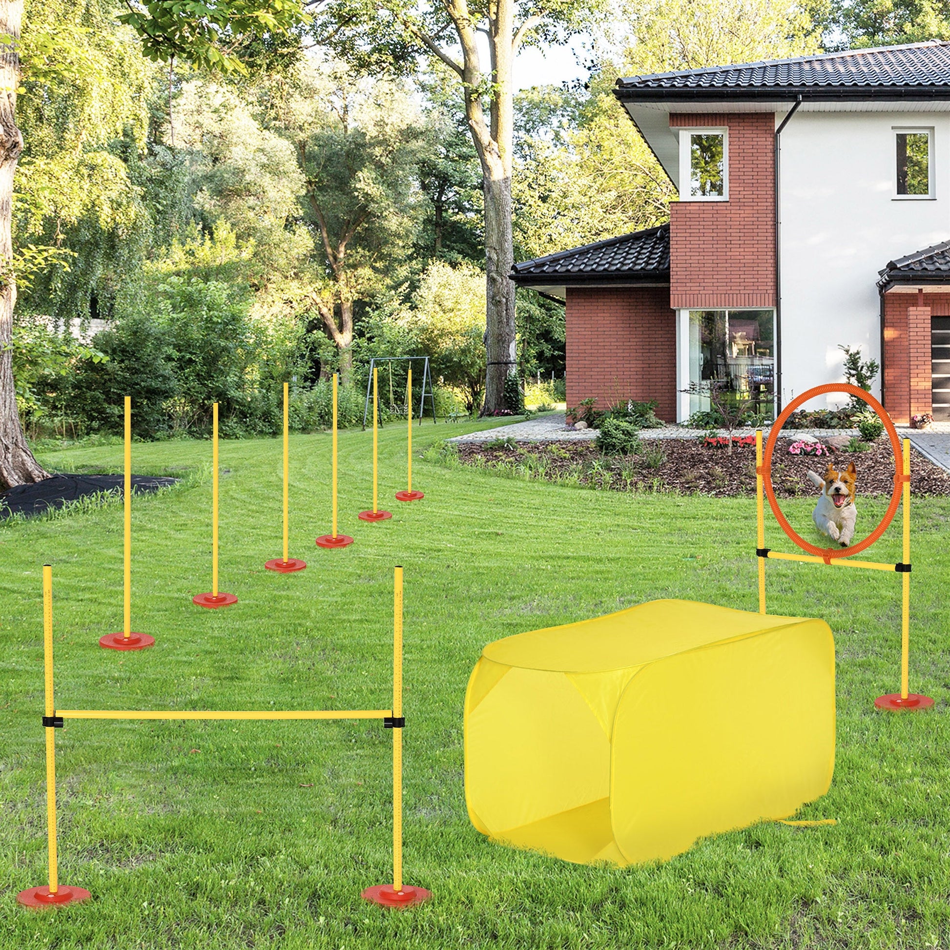 4PCs Portable Pet Agility Training Obstacle Set for Dogs w/ Adjustable Weave Pole, Jumping Ring, Adjustable High Jump, Tunnel and Carrying Bag