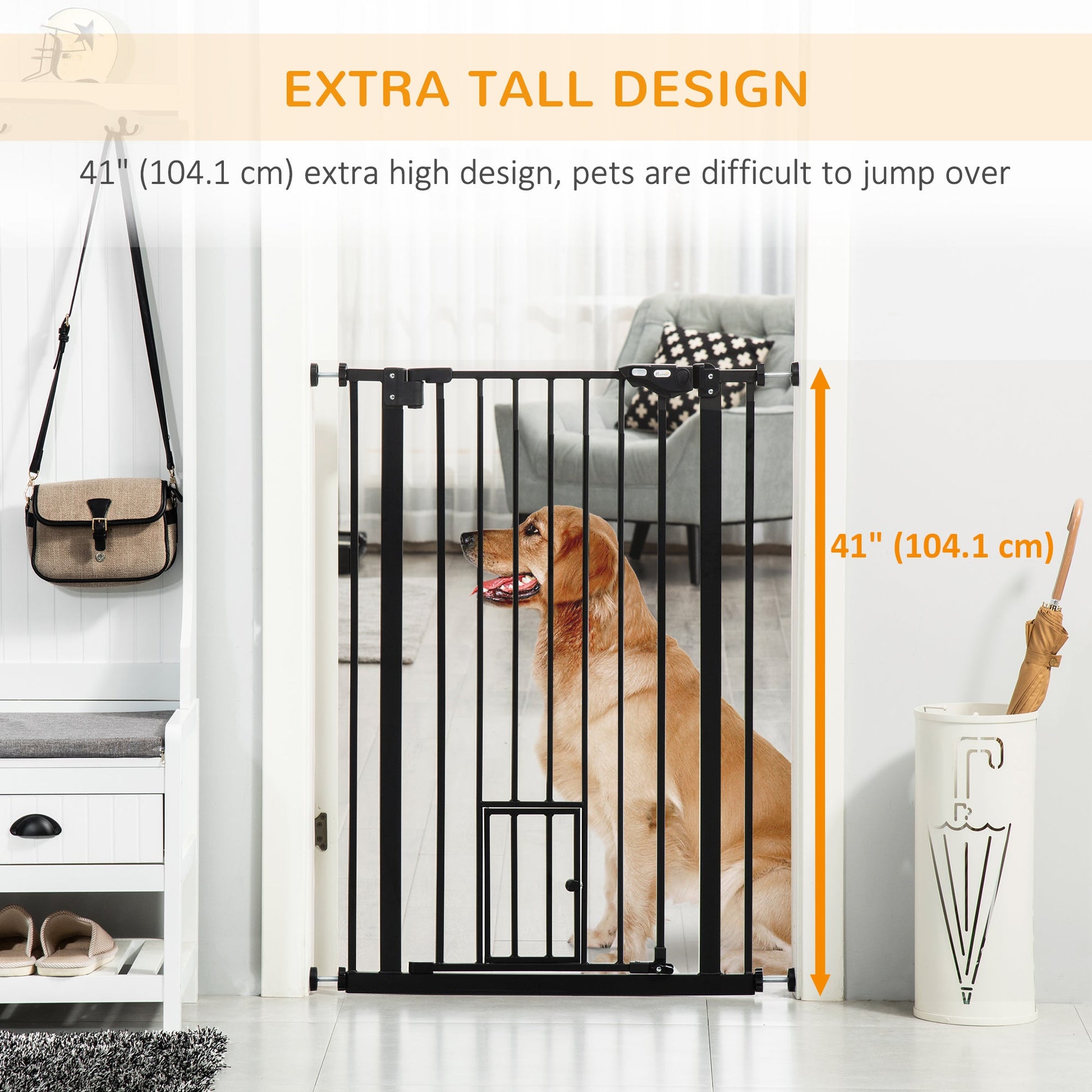 41"H Dog Gate with Cat Door, Pet Gate with Small Door, Easy Open Indoor Dog Gates for Doorways, House, Stair, 29"-40" Long, Black