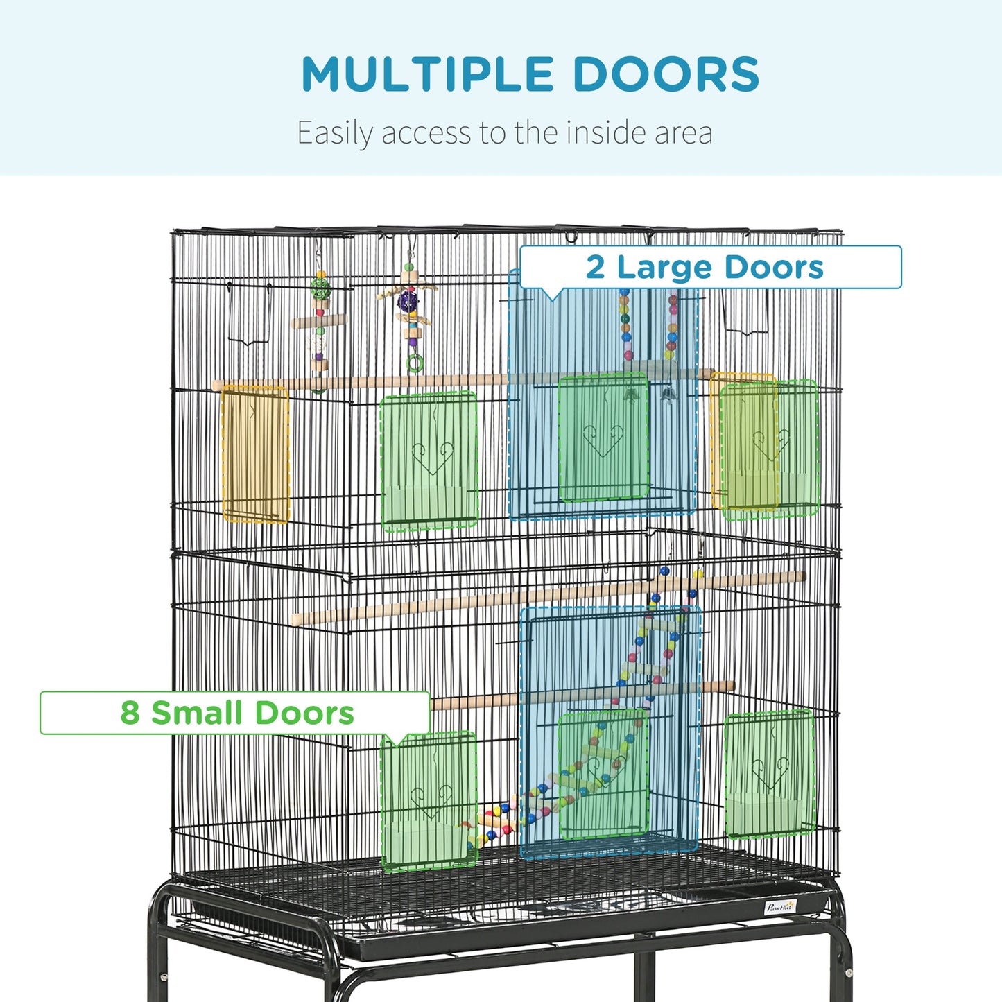 52" Bird Cage for Budgies Cockatiels Canaries Lovebirds Finches with Rolling Stand, Toys, Removable Tray, Storage Shelf, Black