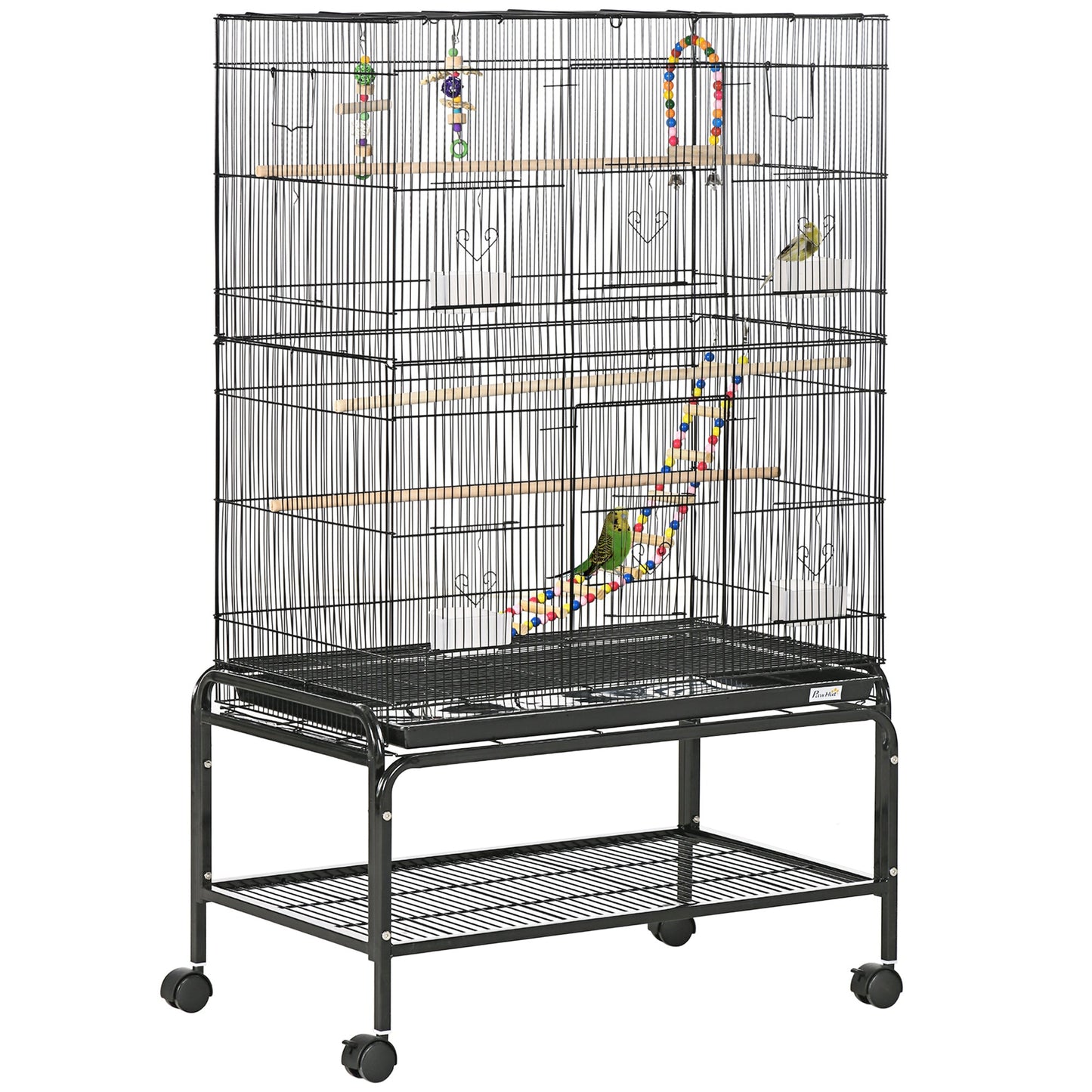 52" Bird Cage for Budgies Cockatiels Canaries Lovebirds Finches with Rolling Stand, Toys, Removable Tray, Storage Shelf, Black