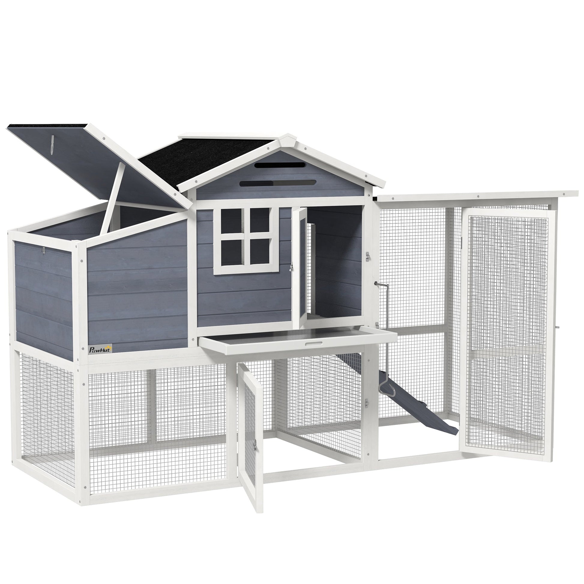 76" Wooden Chicken Coop, Outdoor Hen House Poultry Duck Goose Cage with Outdoor Run, Nesting Box, Removable Tray and Lockable Doors, Grey