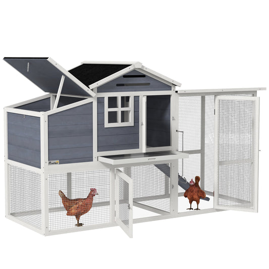 76" Wooden Chicken Coop, Outdoor Hen House Poultry Duck Goose Cage with Outdoor Run, Nesting Box, Removable Tray and Lockable Doors, Grey