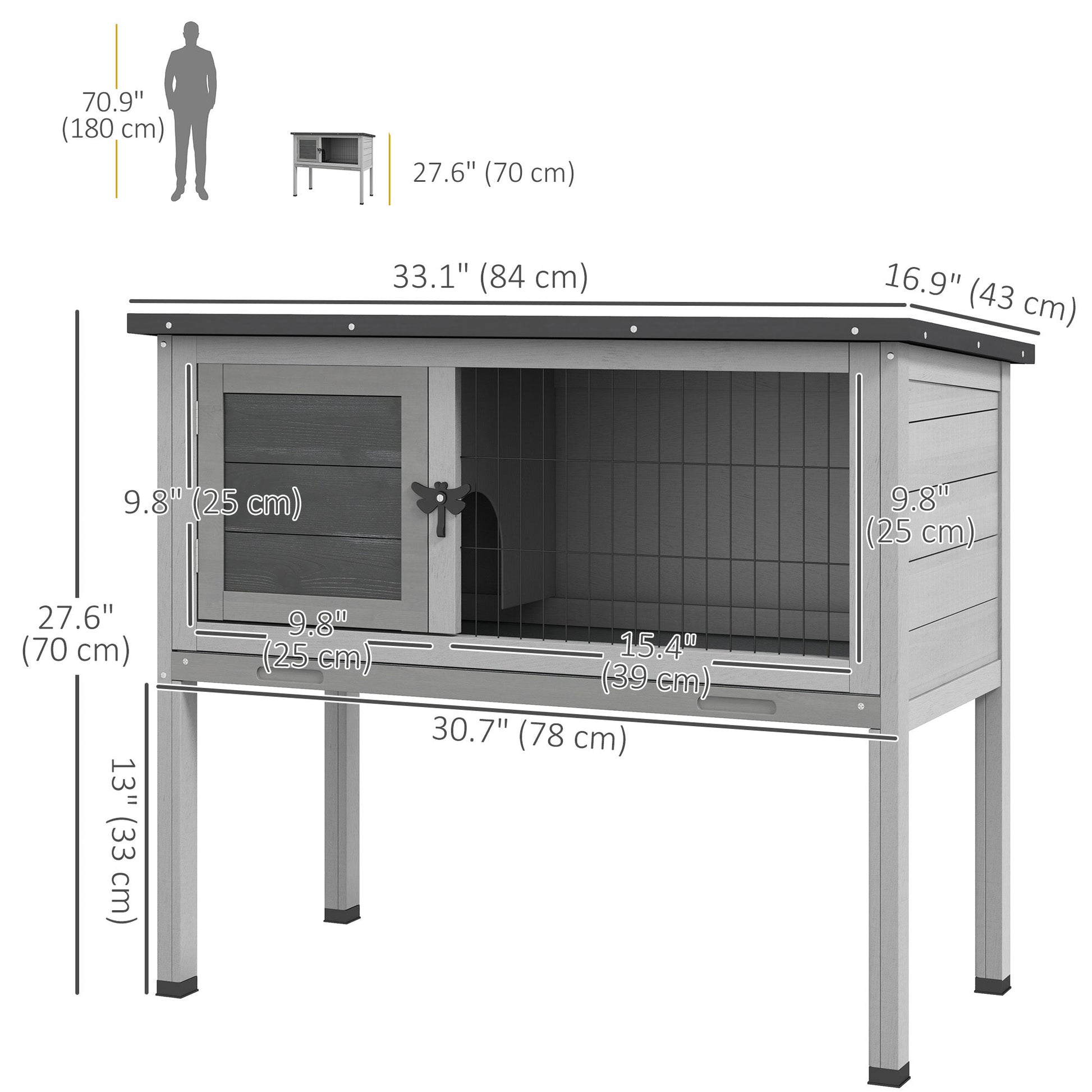 Wooden Rabbit Hutch Bunny Small Animal House with Openable Asphalt Roof, Slide-out Tray, Indoor/Outdoor, Grey