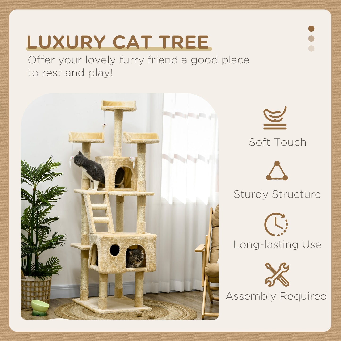 71Inch Cat Tree, Cat Tower with Scratching Post, Cat Houses, Toys, Beige