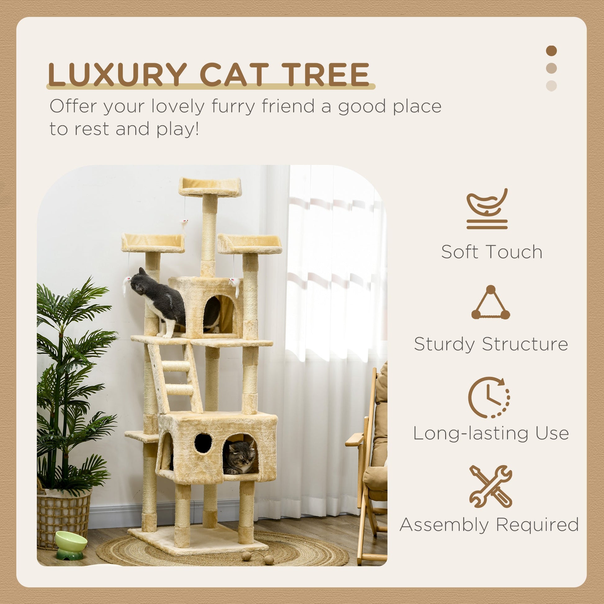 71Inch Cat Tree, Cat Tower with Scratching Post, Cat Houses, Toys, Beige