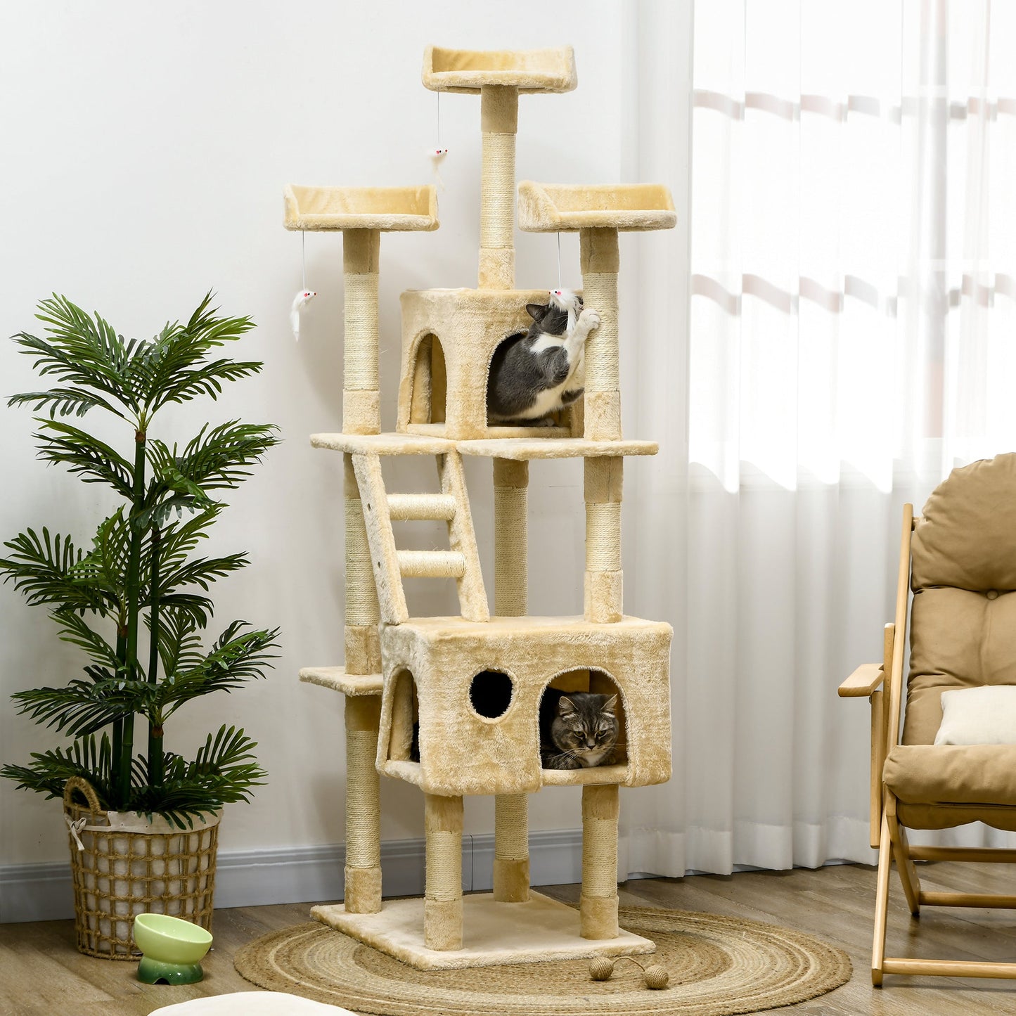 71Inch Cat Tree, Cat Tower with Scratching Post, Cat Houses, Toys, Beige