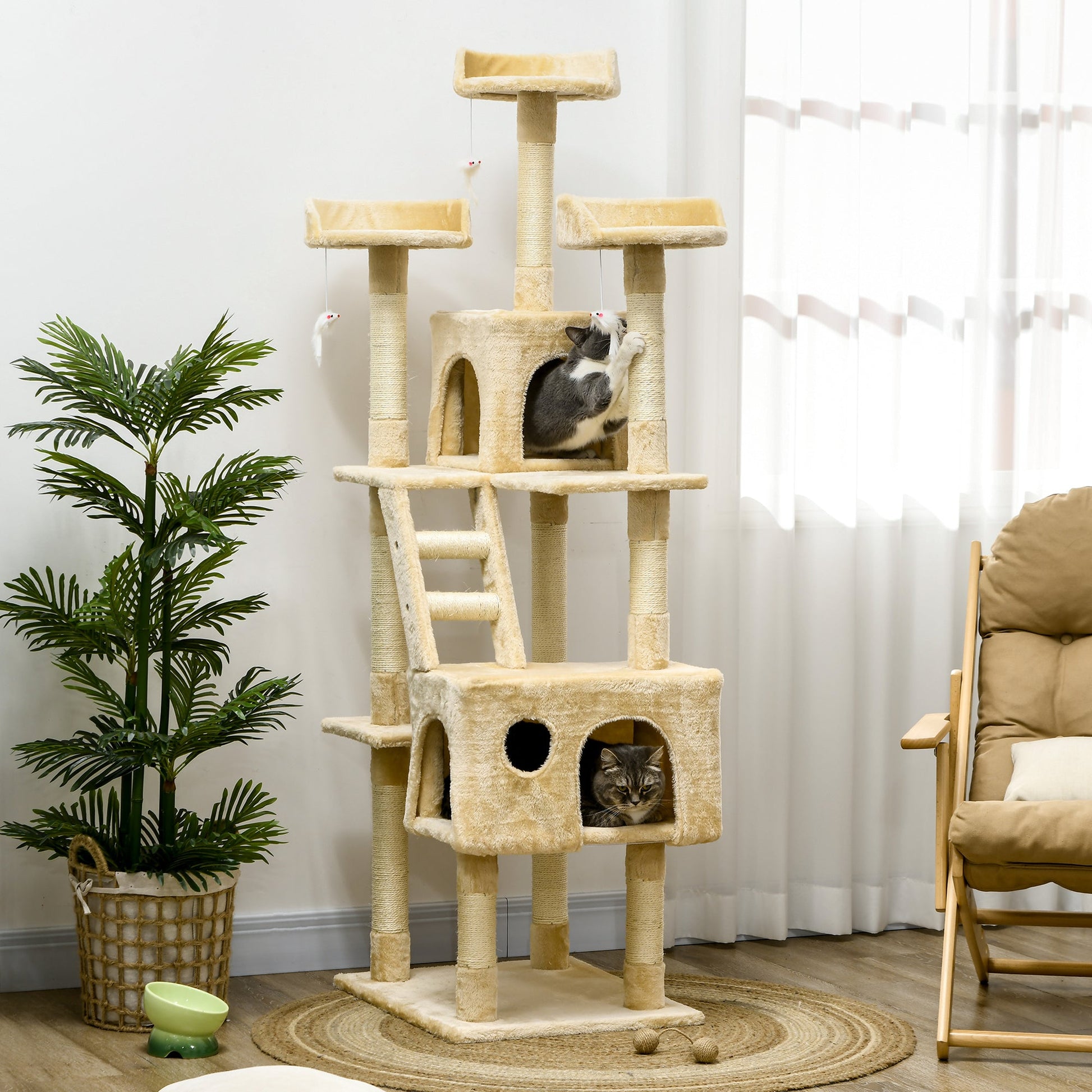71Inch Cat Tree, Cat Tower with Scratching Post, Cat Houses, Toys, Beige