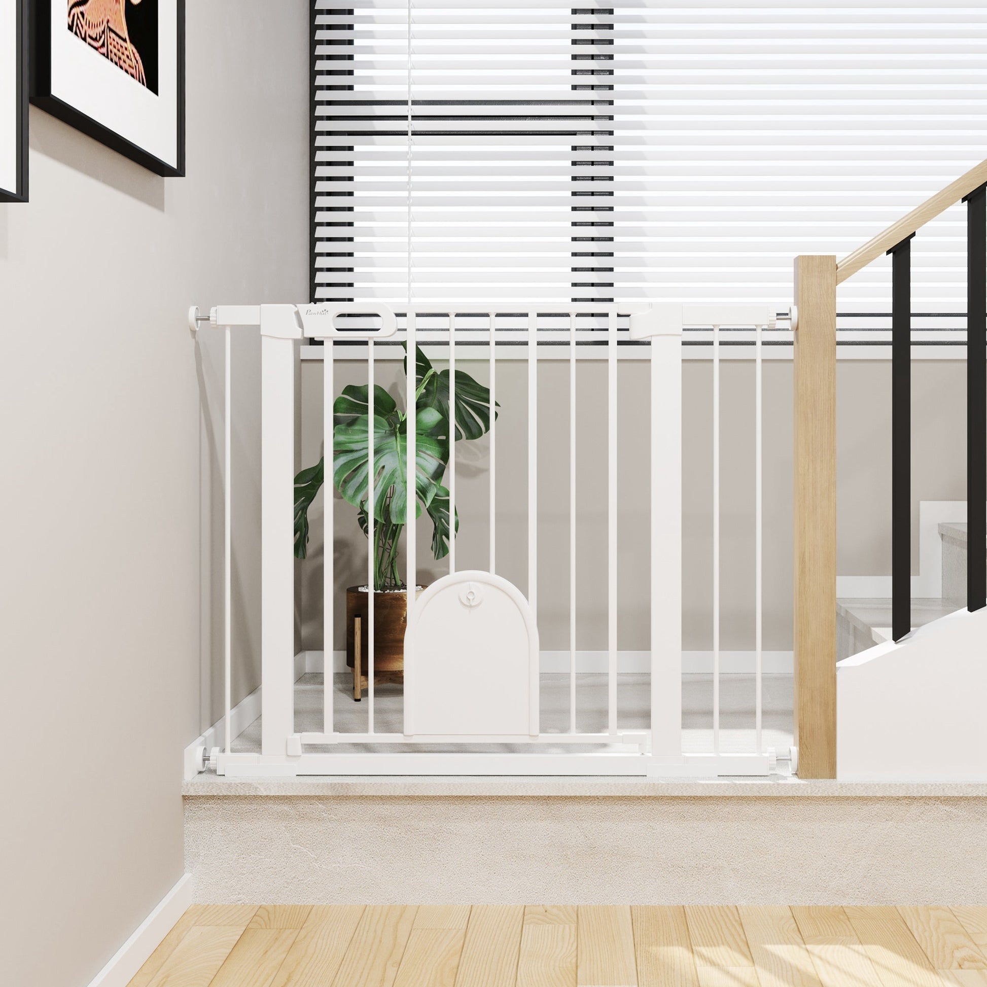 30"-41" Extra Wide Pet Gate with Small Door, 30"H Dog Gate with Safety Gate Barrier, Stair Pressure Fit, Auto Close, Double Locking, for Doorways, Hallways, White