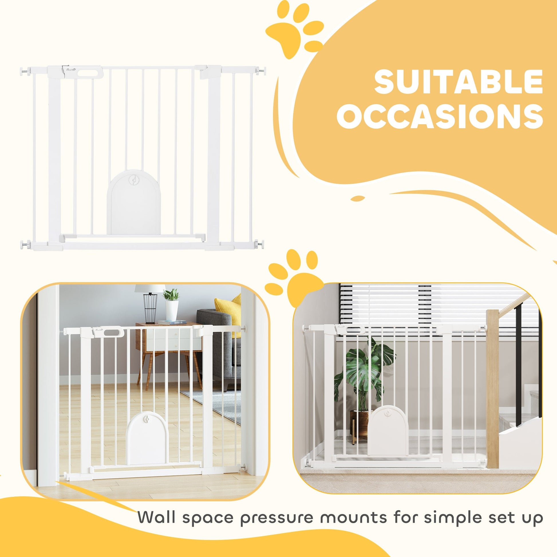 30"-41" Extra Wide Pet Gate with Small Door, 30"H Dog Gate with Safety Gate Barrier, Stair Pressure Fit, Auto Close, Double Locking, for Doorways, Hallways, White