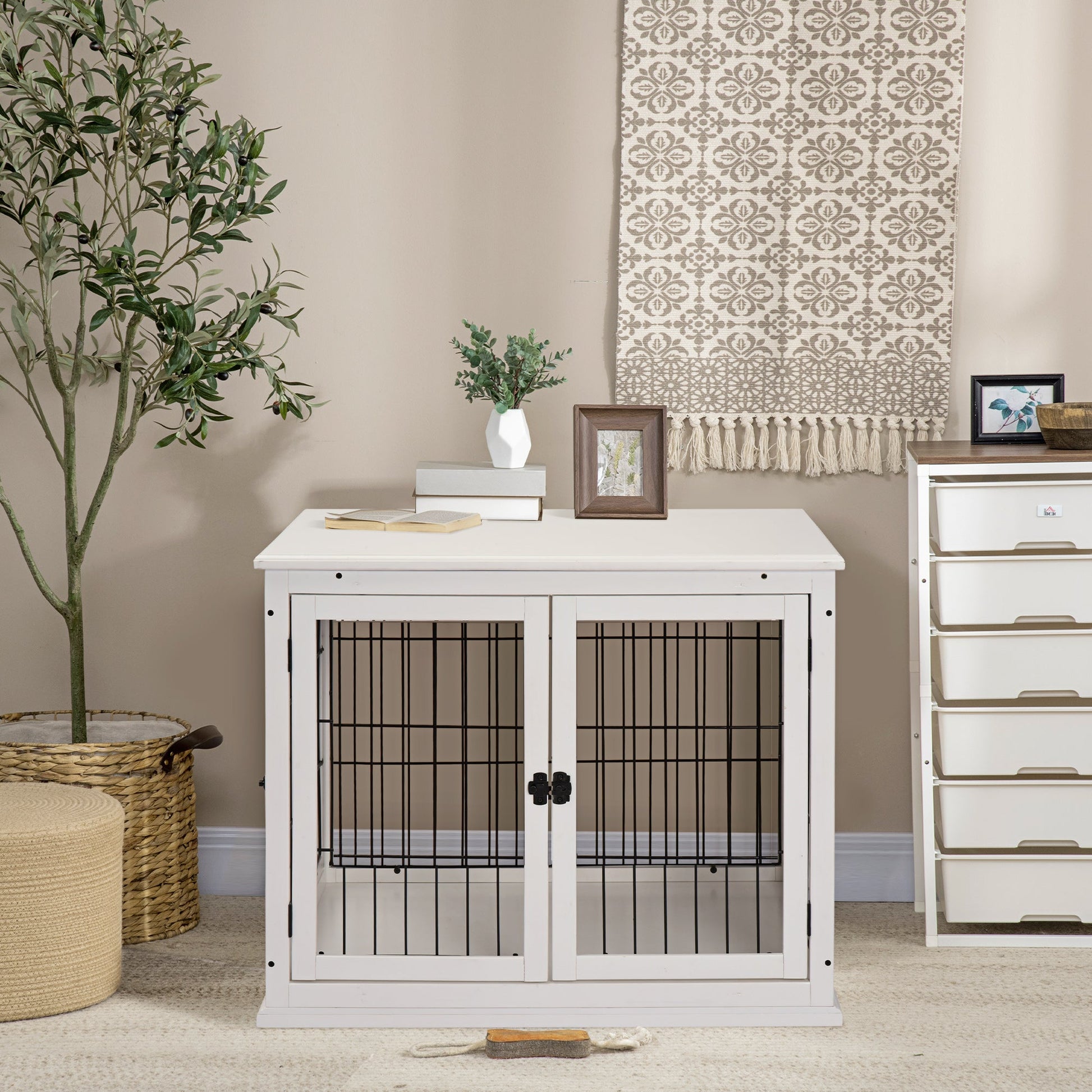 32" Wooden Dog Crate Furniture Dog Cage, Modern Side Table Pet Kennel with Double Lockable Door, 32" L x 23" W x 26" H, White