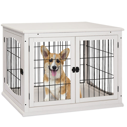 32" Wooden Dog Crate Furniture Dog Cage, Modern Side Table Pet Kennel with Double Lockable Door, 32" L x 23" W x 26" H, White