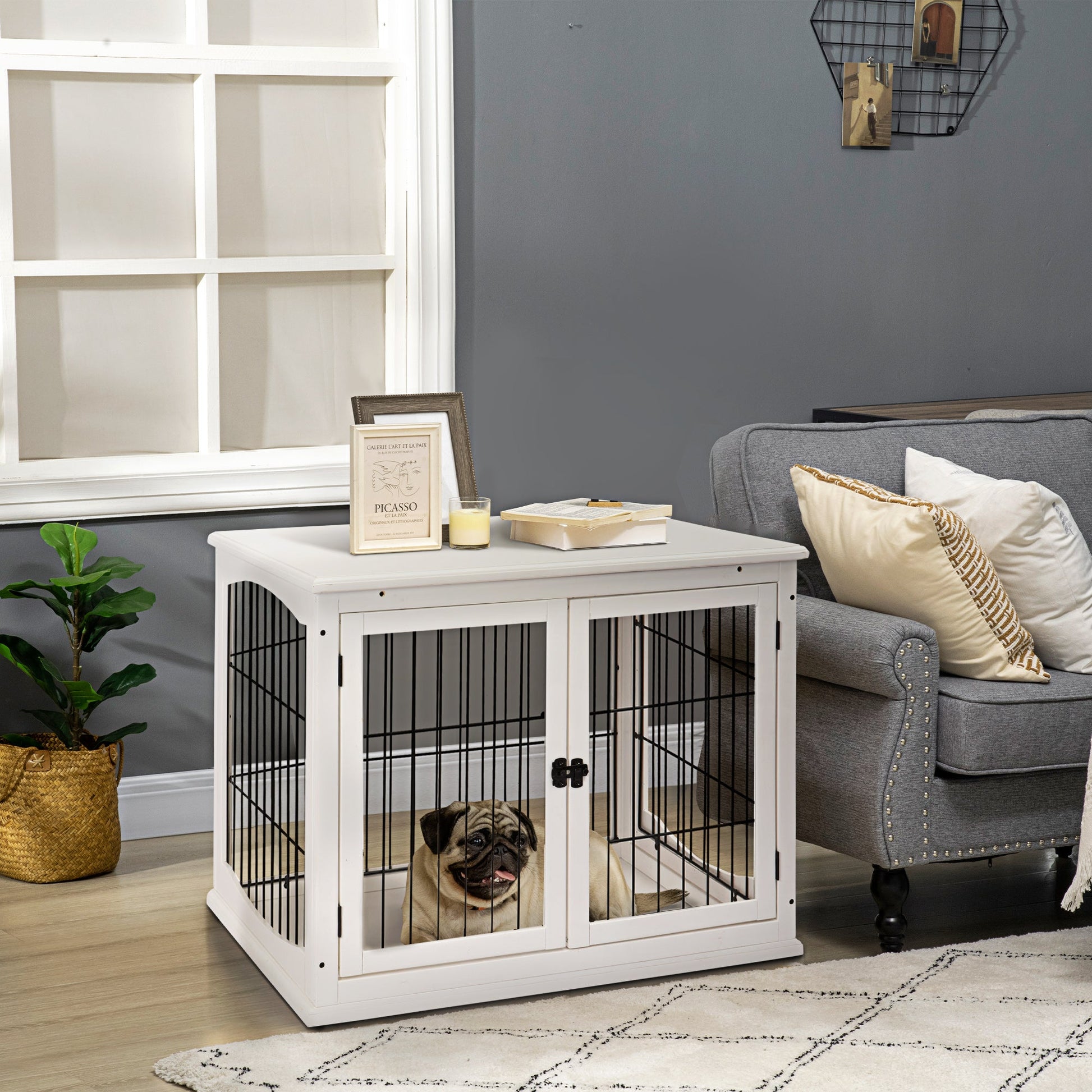 32" Wooden Dog Crate Furniture Dog Cage, Modern Side Table Pet Kennel with Double Lockable Door, 32" L x 23" W x 26" H, White
