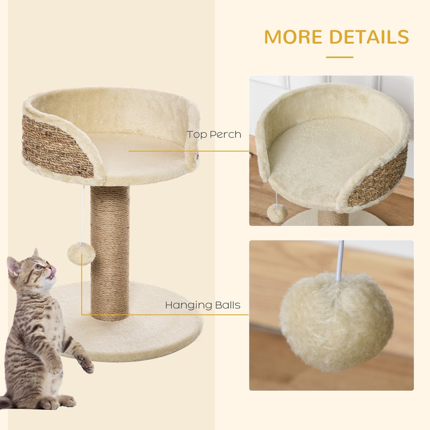 Small Cat Tree with Scratching Post, Perch, Toy Ball, Cat Tower for Indoor Cats - 16" x 16" x 19", Beige