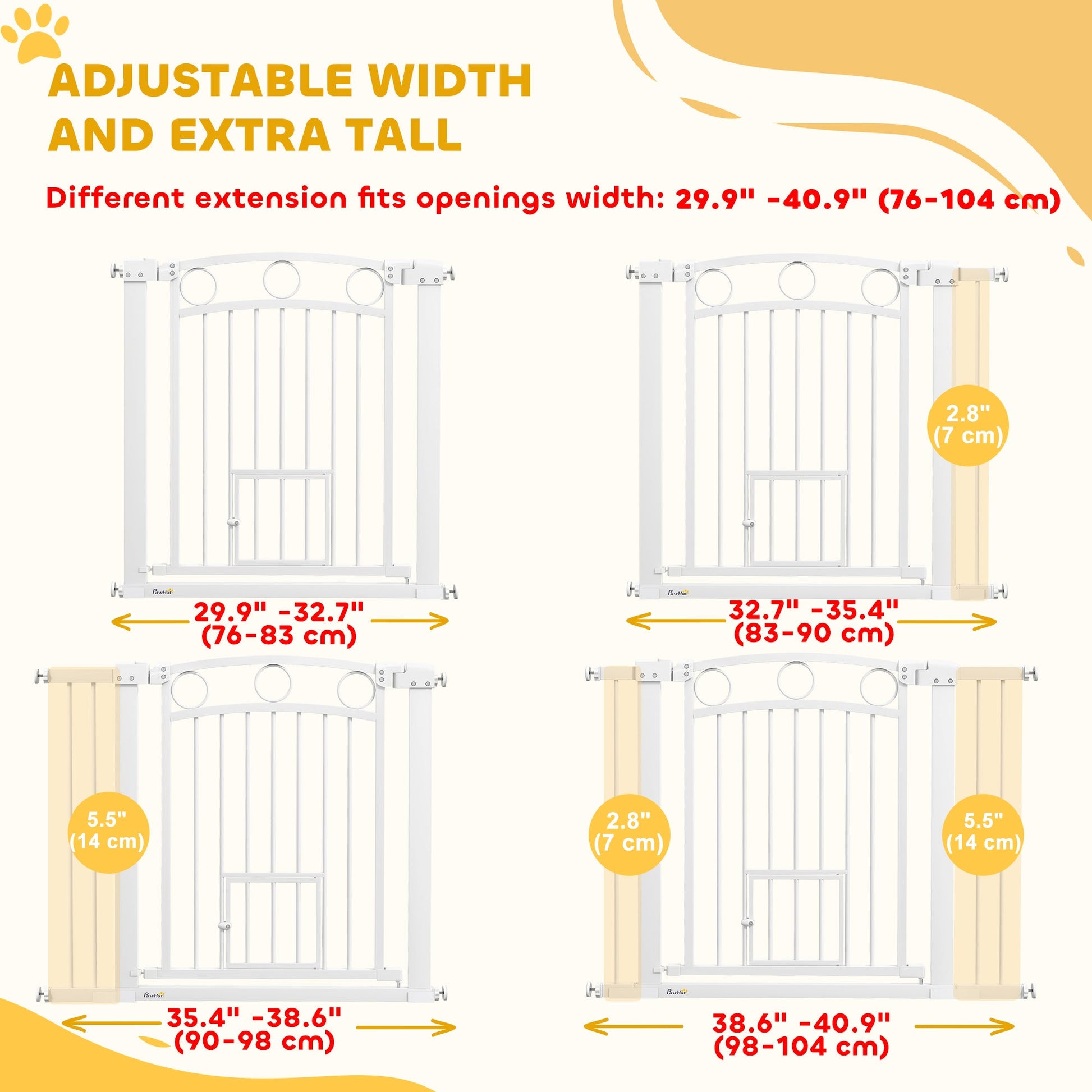 Dog Gate, 30" Extra Tall Pet Gate with Cat Door, Includes 2.8" and 5.5" Extension Kits, Pressure Mounted Stair Gate for Doorways, Hallways, Stairways, 30"-41" Width