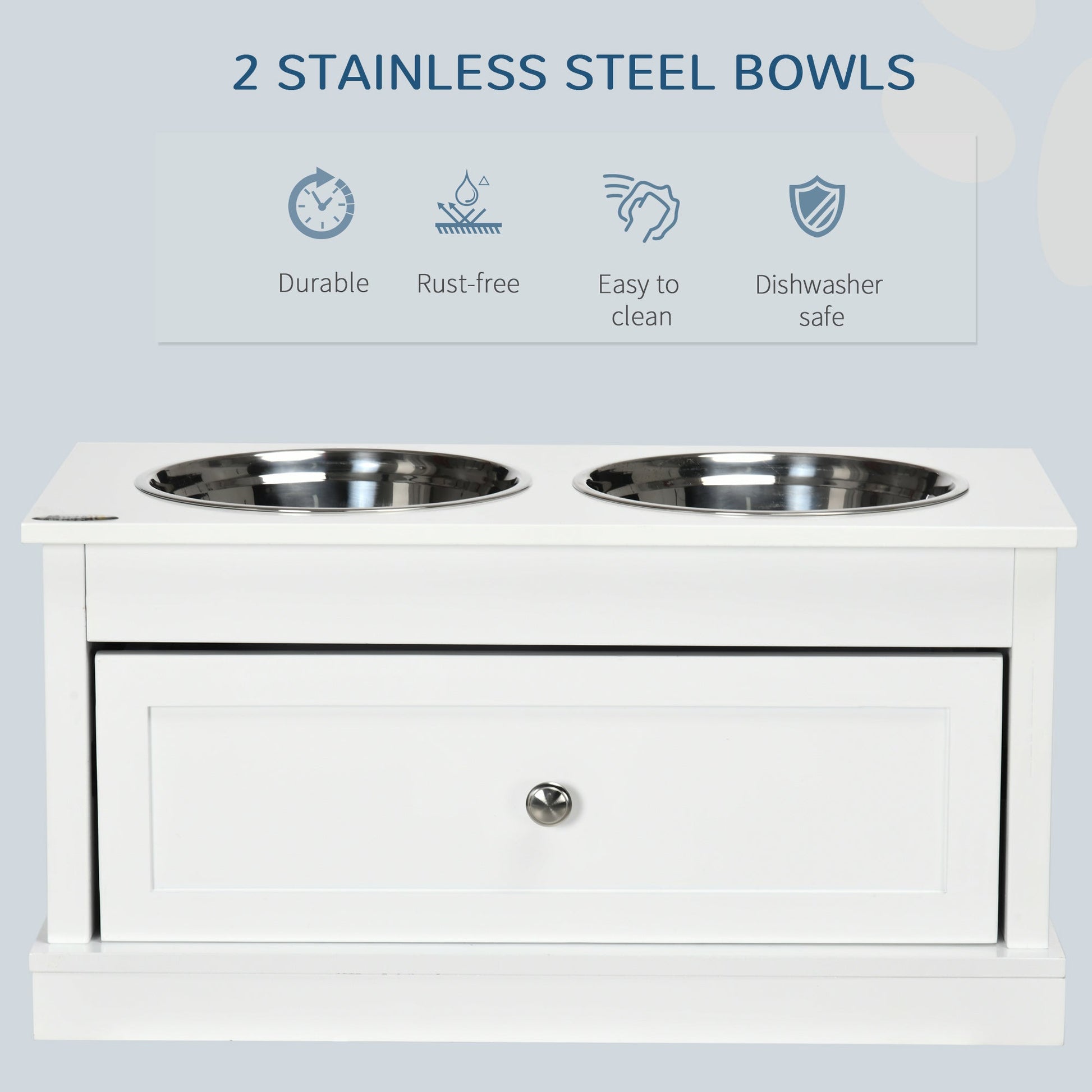 Elevated Dog Bowls with Storage Drawer, Raised Dog Bowls with Stand, 2 Stainless Steel Bowls for Large Dogs, White