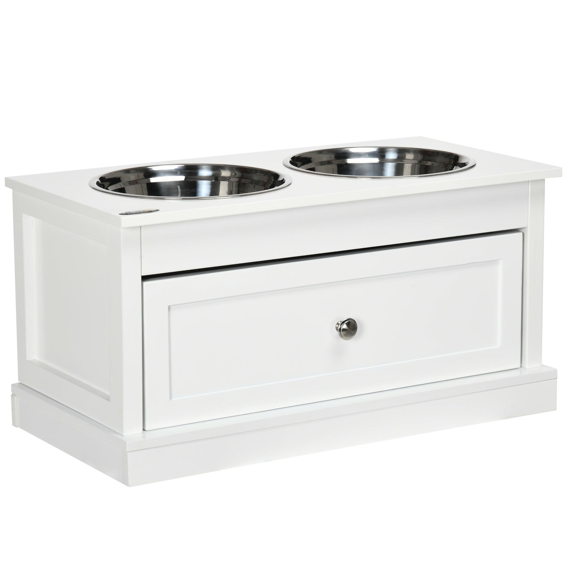 Elevated Dog Bowls with Storage Drawer, Raised Dog Bowls with Stand, 2 Stainless Steel Bowls for Large Dogs, White