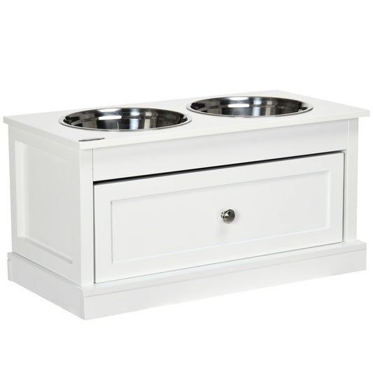 Elevated Dog Bowls with Storage Drawer, Raised Dog Bowls with Stand, 2 Stainless Steel Bowls for Large Dogs, White